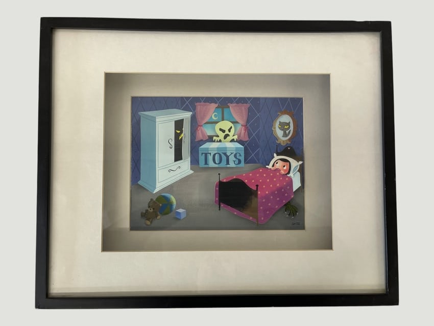 Disney Animation Production Cel Concept Art Framed Scene with Toys Box: A framed Disney-style animation production cel or concept art piece depicting a child's bedroom scene viewed from an overhead perspective, featuring a 'TOYS' box, a white dresser, stuffed animals, pil