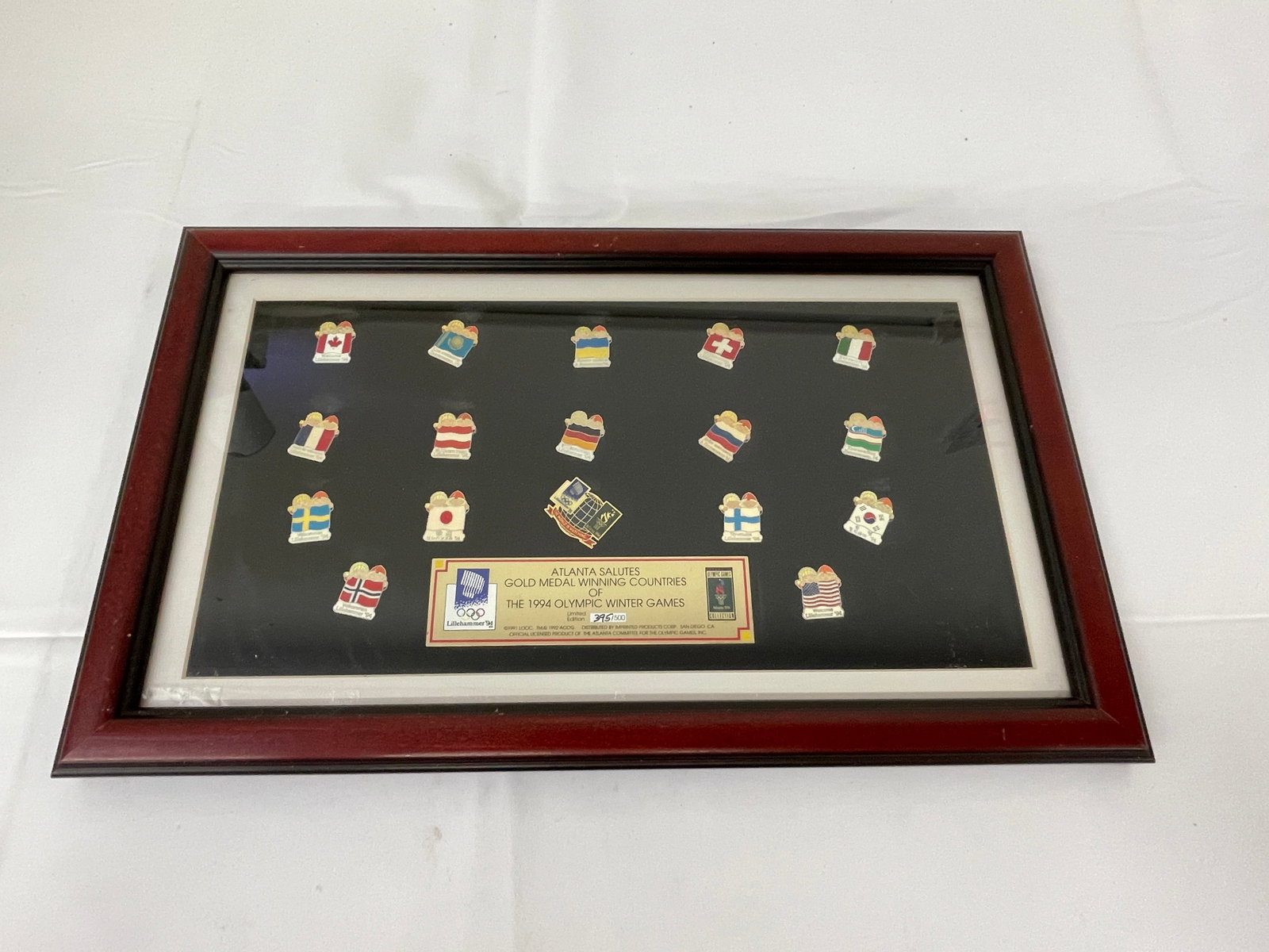 1994 Lillehammer Winter Olympics Gold Medal Countries Pin Set, Atlanta Salutes, Framed (1 of 8)
