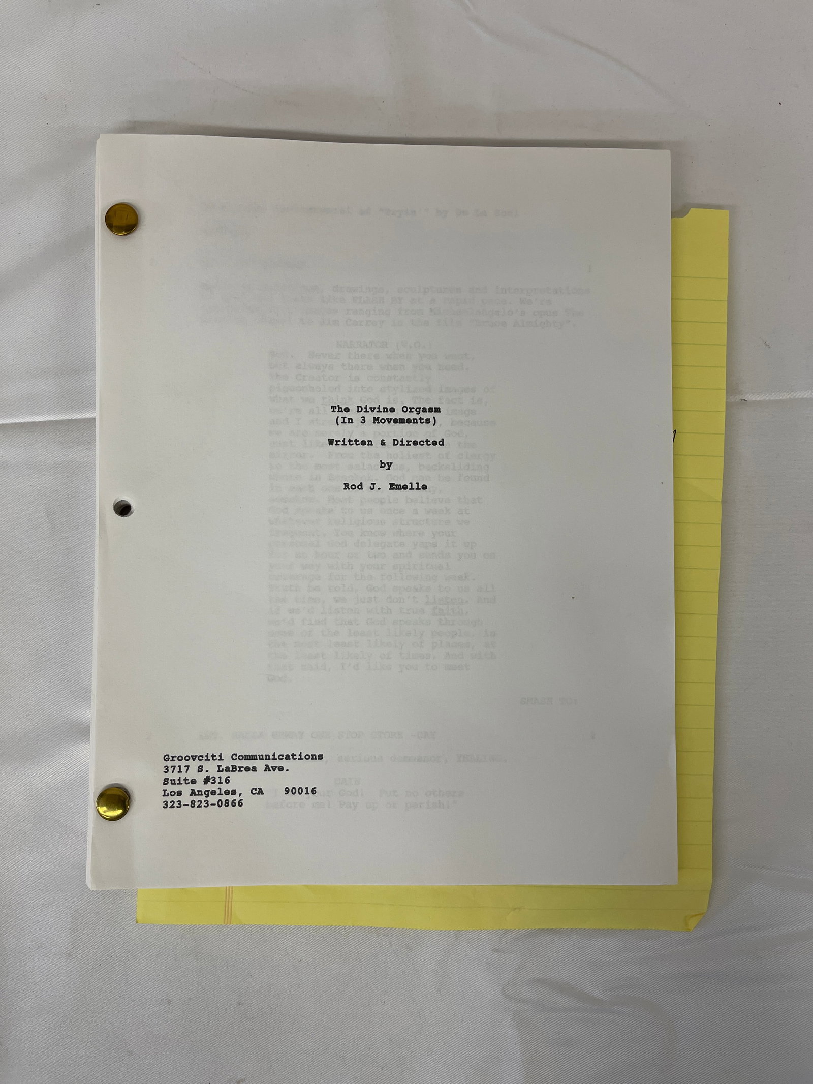 The Divine Orgasm (In 3 Movements) Original Film Script by Rod J. Emelle: An original screenplay titled 'The Divine Orgasm (In 3 Movements)', written and directed by Rod J. Emelle, presented in a three-hole bound format with brass brads. The script is associated with Groovc