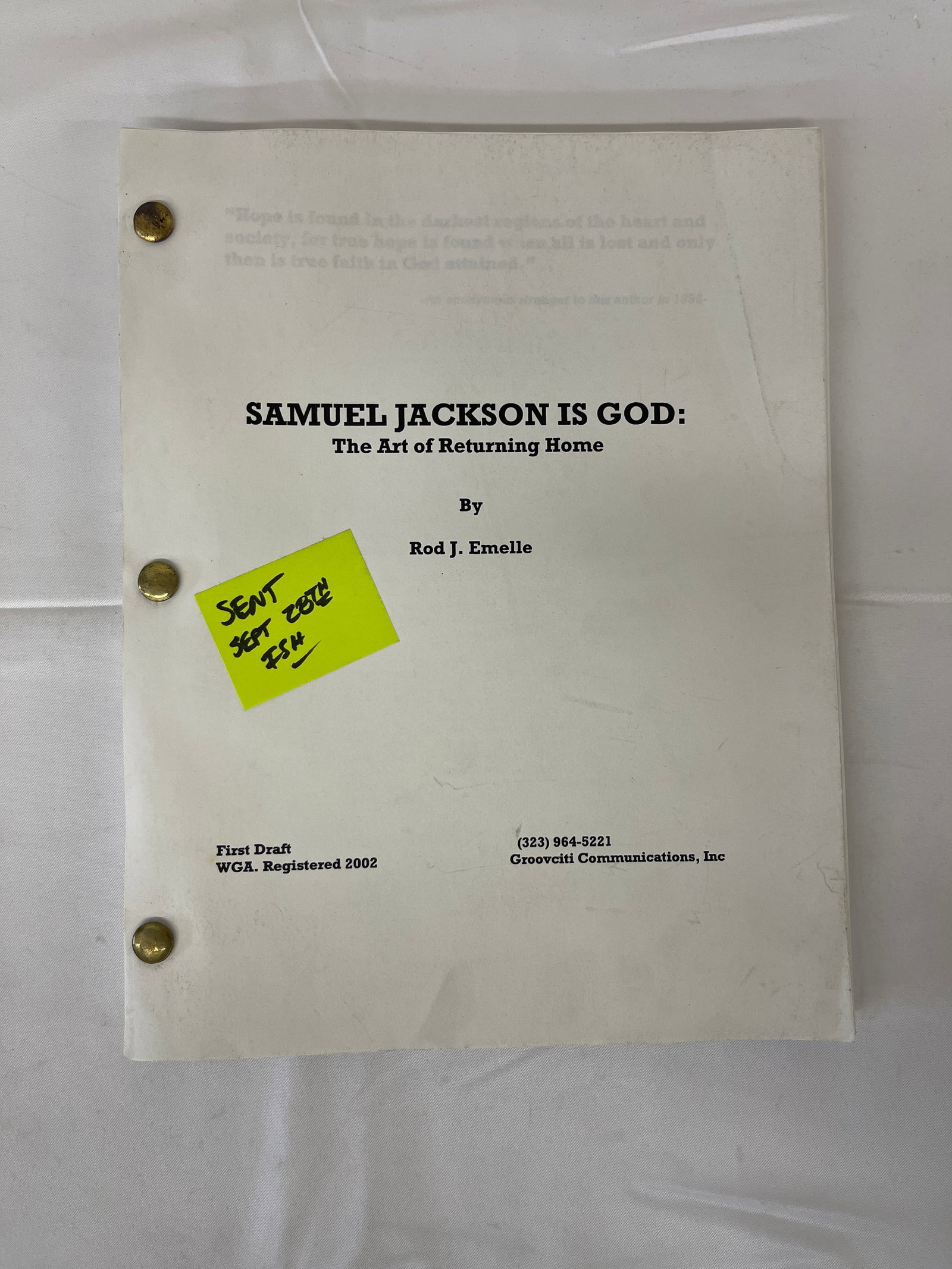 Samuel Jackson Is God: The Art of Returning Home - Original Screenplay, 2002 (1 of 3)
