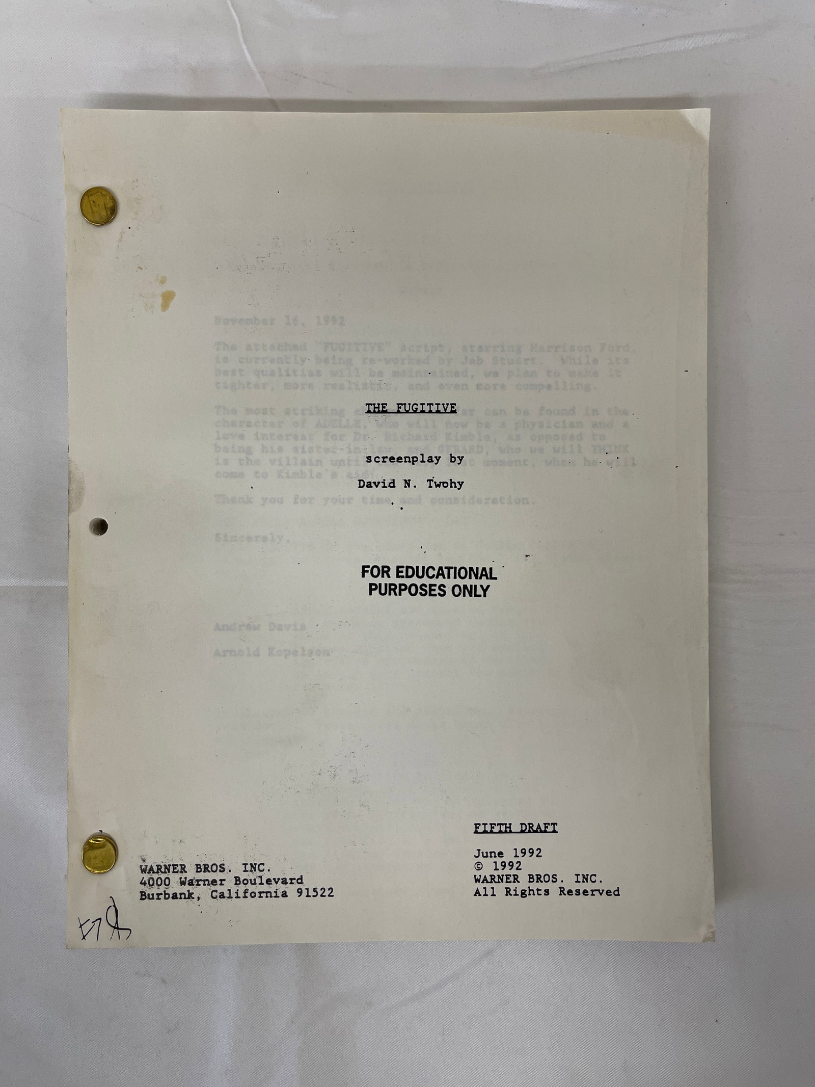 The Fugitive (1993) Original Warner Bros. Screenplay Fifth Draft, June 1992 (1 of 3)