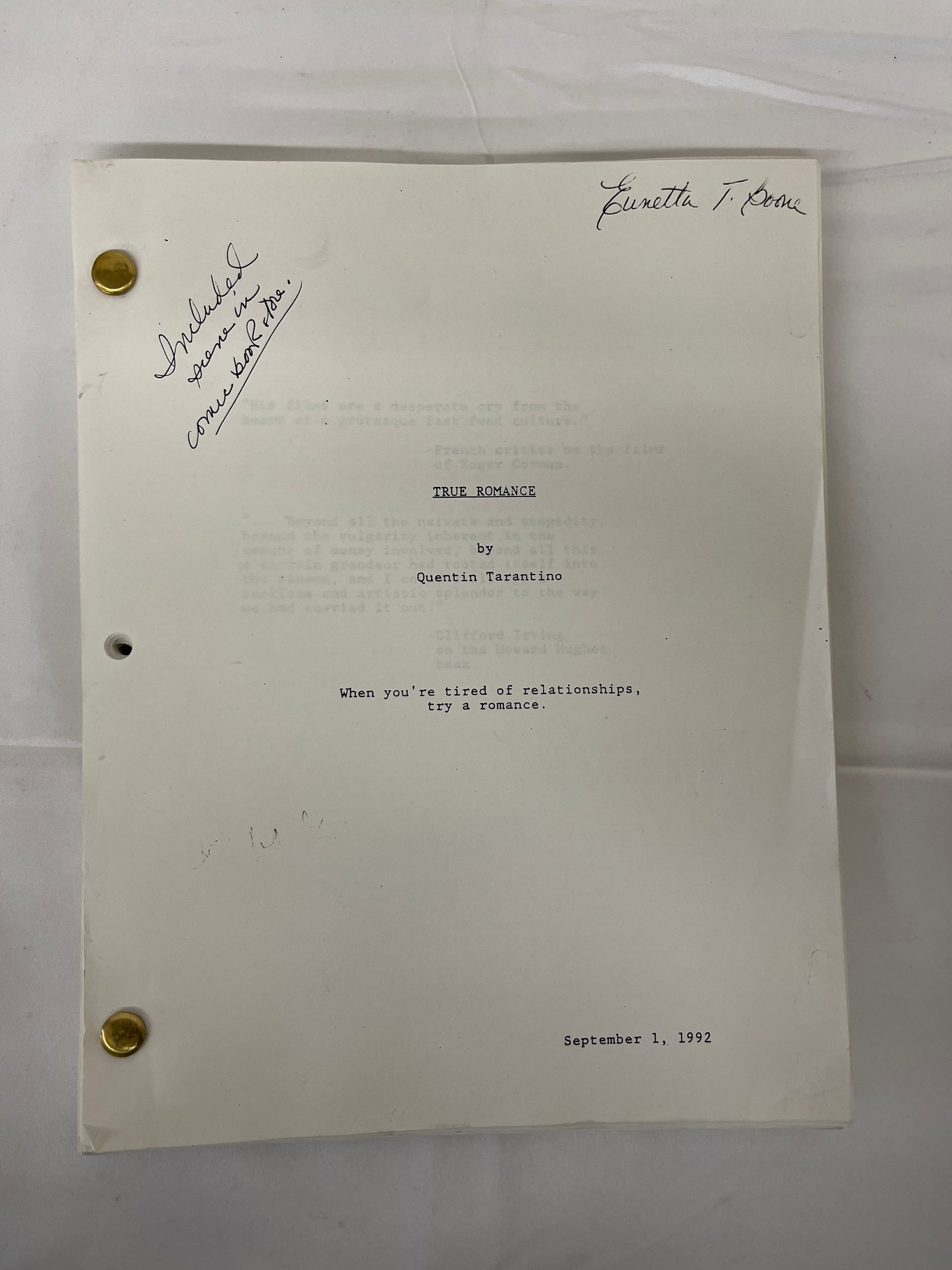 True Romance Original Screenplay by Quentin Tarantino, Dated September 1, 1992: An original shooting script for 'True Romance,' written by Quentin Tarantino and dated September 1, 1992, predating the film's 1993 theatrical release directed by Tony Scott. The cover page bears hand