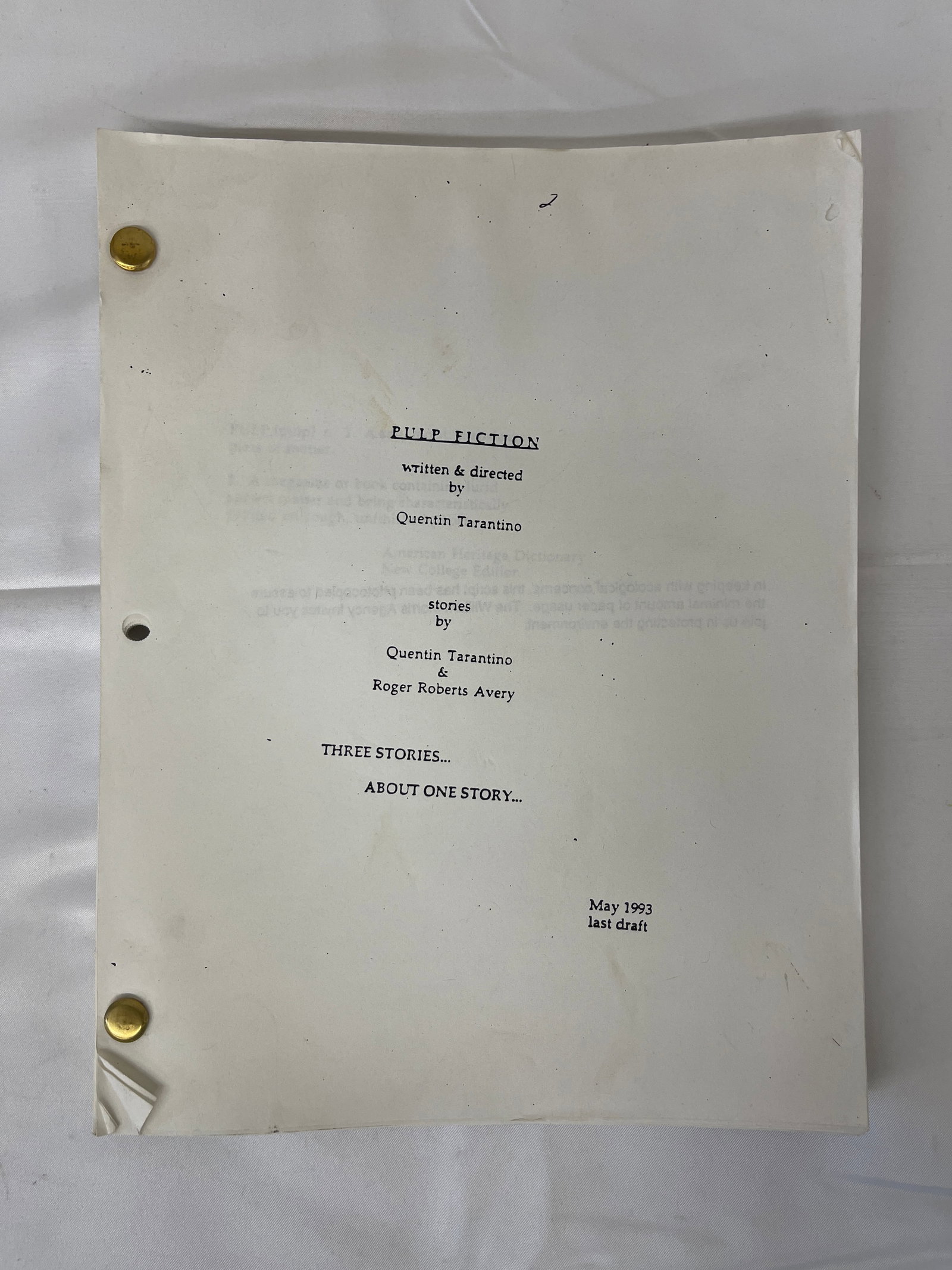 Pulp Fiction Original Screenplay Script, May 1993 Last Draft, Tarantino: An original production screenplay for Quentin Tarantino's landmark 1994 film 'Pulp Fiction,' dated May 1993 and marked 'last draft.' The cover page credits the screenplay as written and directed by Qu
