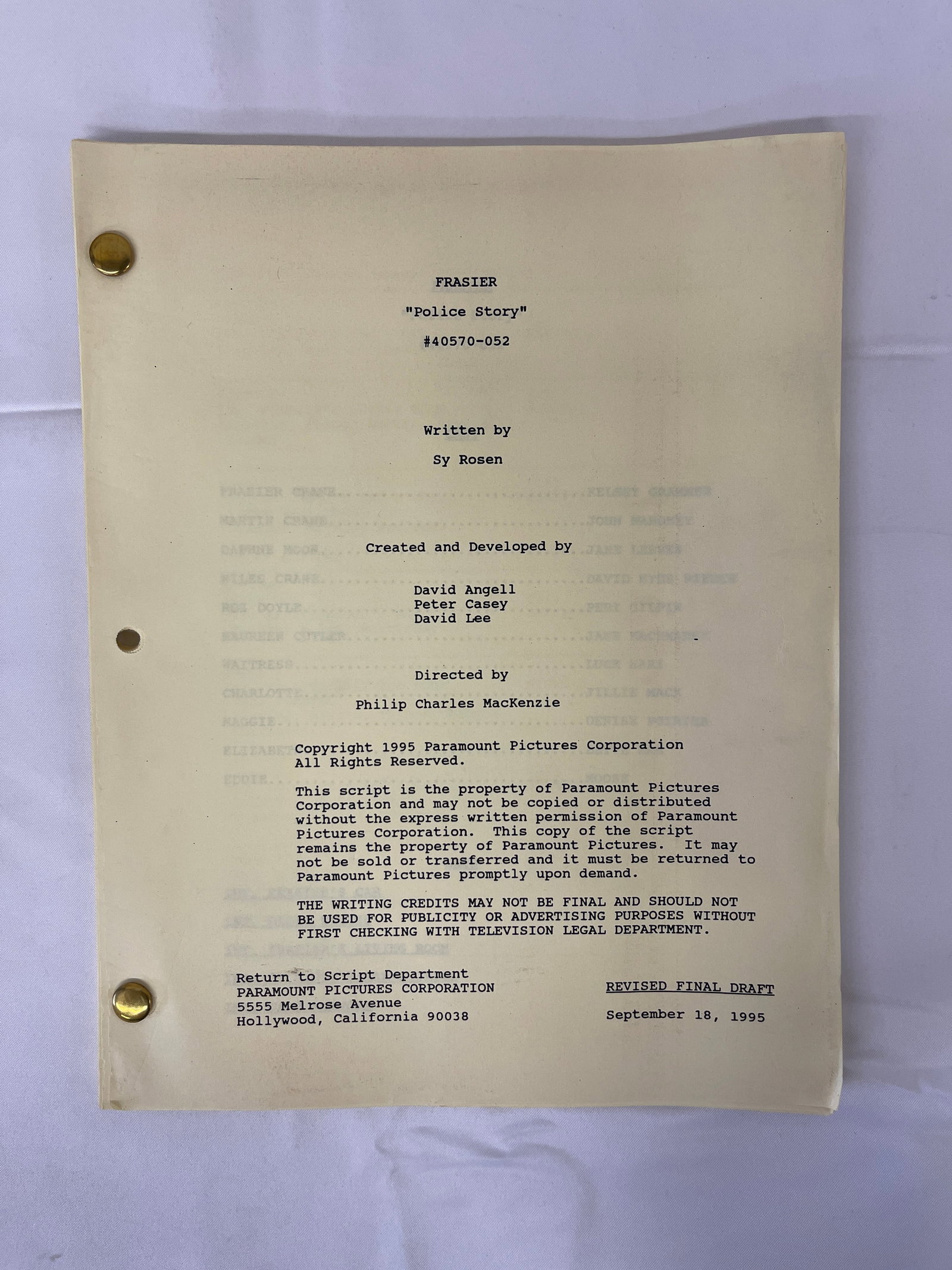 Frasier 'Police Story' Original TV Script Revised Final Draft, September 1995 (1 of 3)