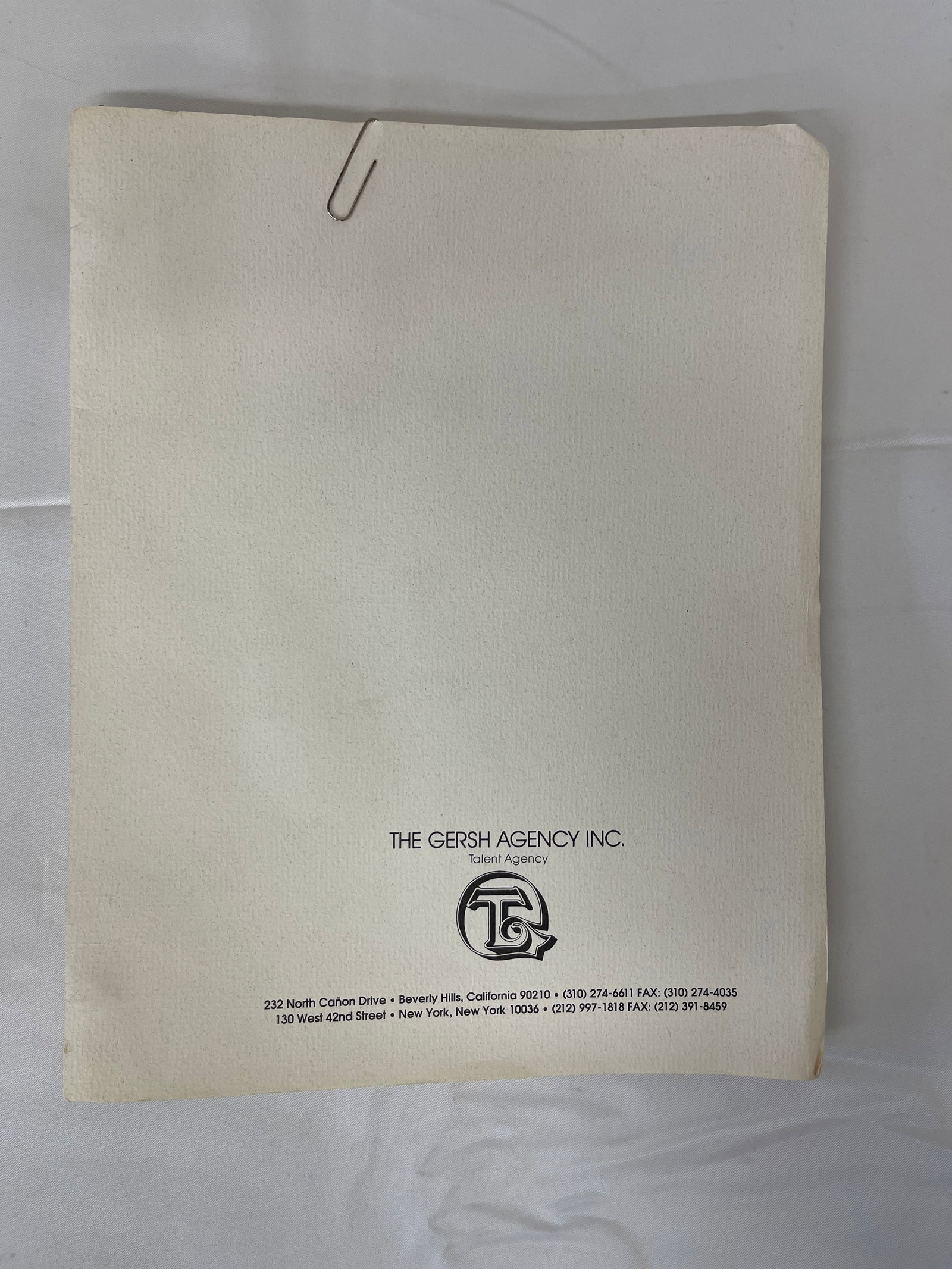 The Gersh Agency Inc. Talent Agency Script/Document Cover, Beverly Hills CA (1 of 3)