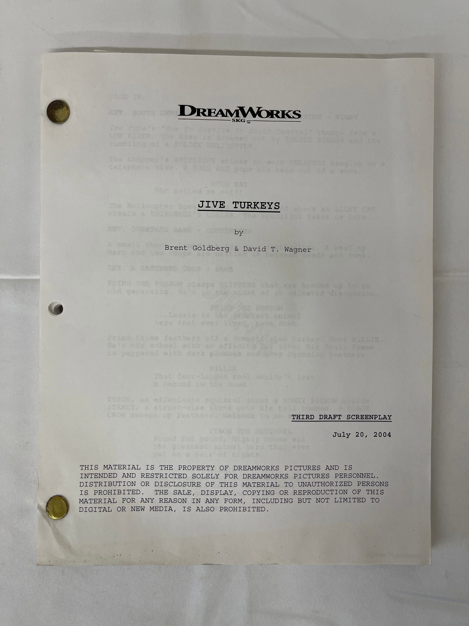 DreamWorks 'Jive Turkeys' Third Draft Screenplay, Goldberg & Wagner, 2004 (1 of 3)