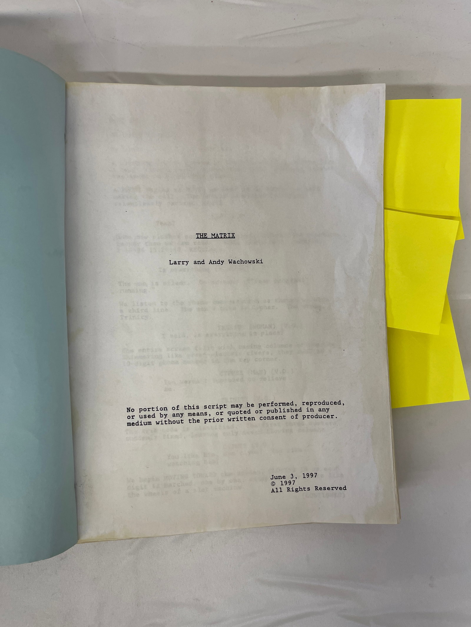 The Matrix Original Screenplay Script, Larry & Andy Wachowski, June 3, 1997: An original production screenplay for 'The Matrix,' written by Larry and Andy Wachowski (now Lilly and Lana Wachowski), dated June 3, 1997, with copyright notice and 'All Rights Reserved' notation. Th