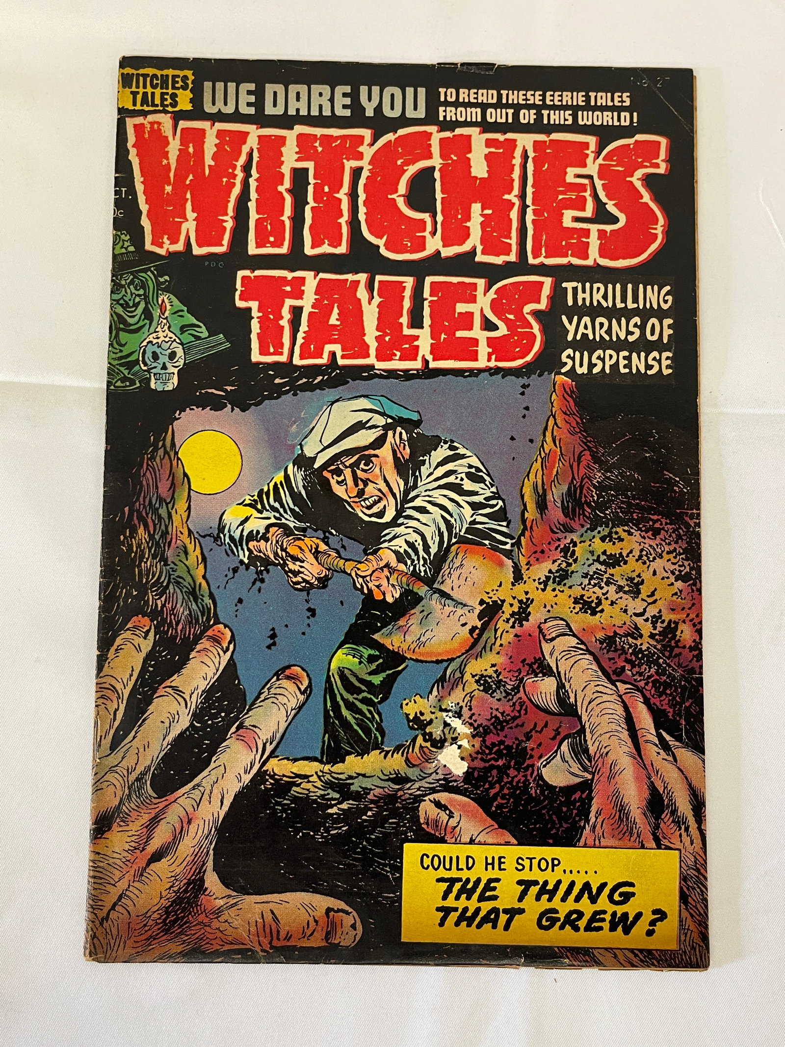 Witches Tales Vol. 1 Comic — Harvey Comics 1950s Horror — 'The Thing That Grew': A vintage issue of 'Witches Tales,' published by Harvey Comics during the early 1950s pre-Code horror era, featuring the tagline 'Thrilling Yarns of Suspense' and the cover story 'Could He Stop...