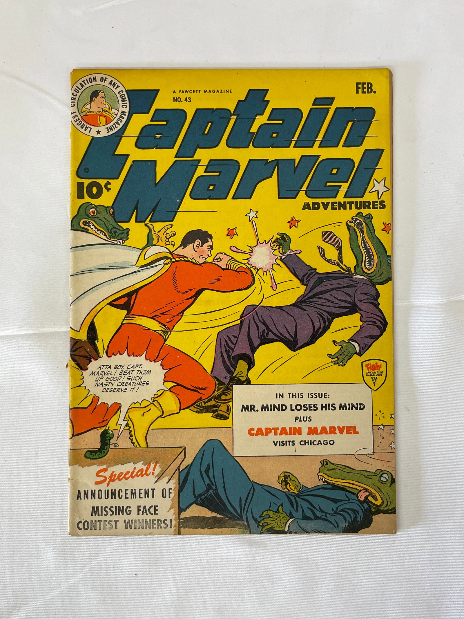 Captain Marvel Adventures #43, Fawcett Comics, Feb 1945 — Mr. Mind: Captain Marvel Adventures #43, published by Fawcett Comics, dated February 1945, priced at 10 cents. This Golden Age issue features two stories: 'Mr. Mind Loses His Mind' and 'Captain Marvel Visits