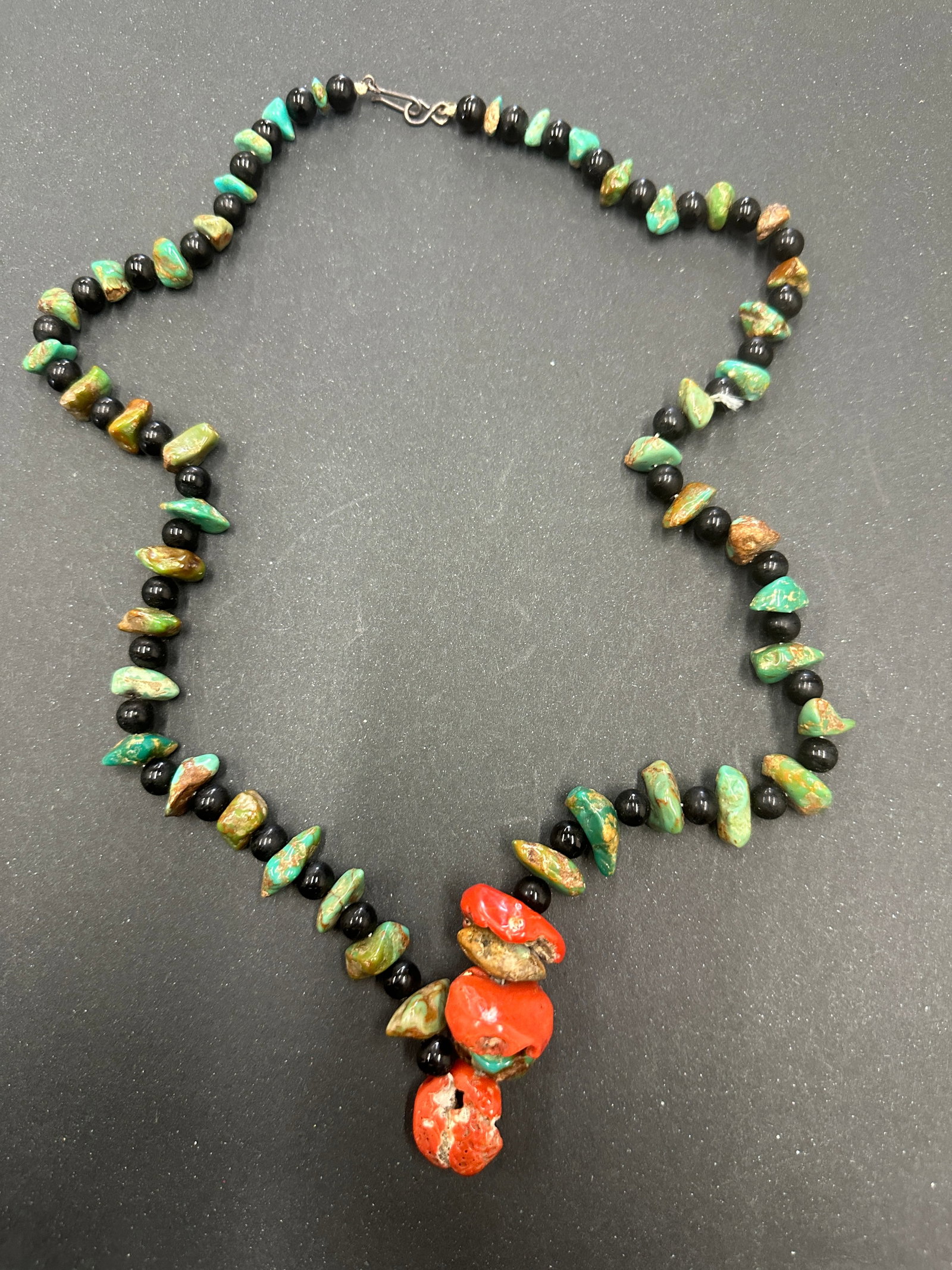 Native American Coral Onyx Turquoise Sterling Silver Necklace (1 of 4)