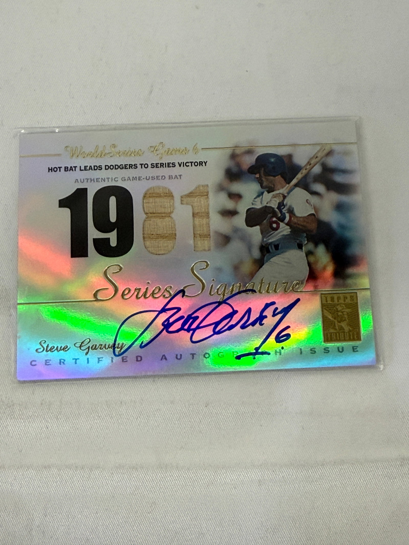Steve Garvey Signed Topps Tribute Baseball Card with Game-Used Bat Relic (1 of 3)