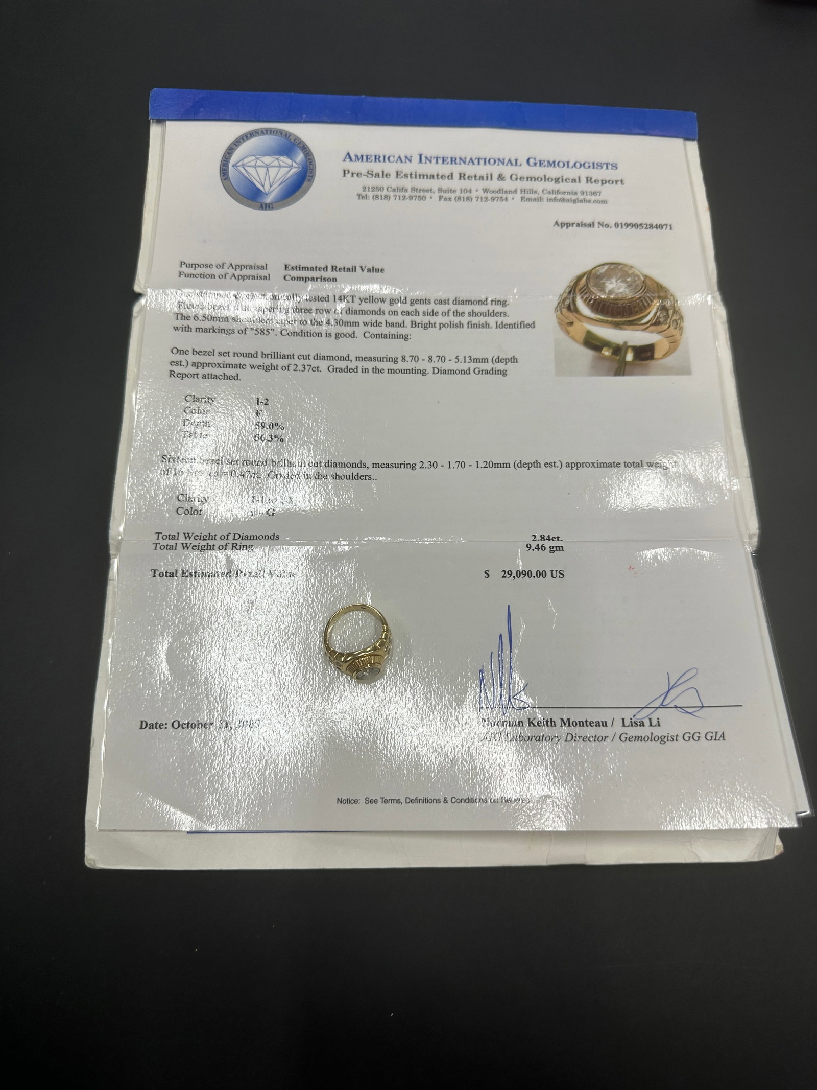 Women's 14kt Gold 2.84 Carat Diamond Ring with Insurance Appraisal: Women's 14kt Gold 2.84 Carat Diamond Ring with Insurance Appraisal. Please see photos, side of the center diamond has a chip on the edge. One diamond is missing on the side.