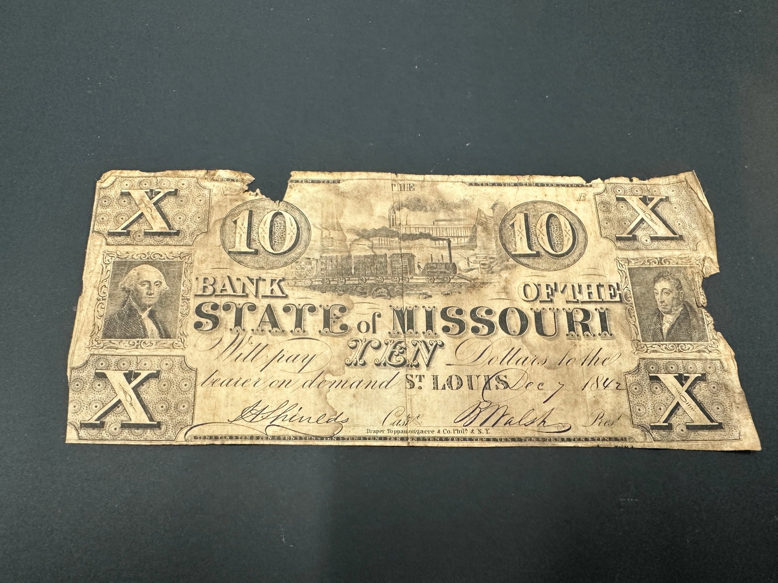 Bank of the State of Missouri $10 Obsolete Banknote 1842: Bank of the State of Missouri $10 Obsolete Banknote 1842