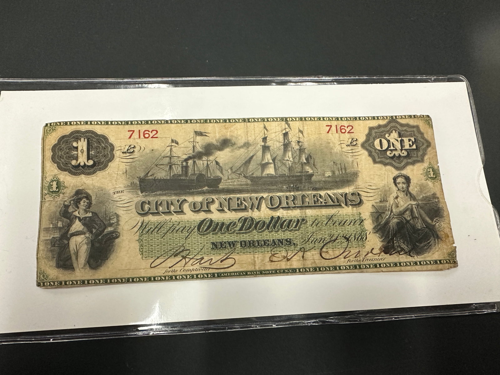 City of New Orleans One Dollar Obsolete Banknote 1868: City of New Orleans One Dollar Obsolete Banknote 1868