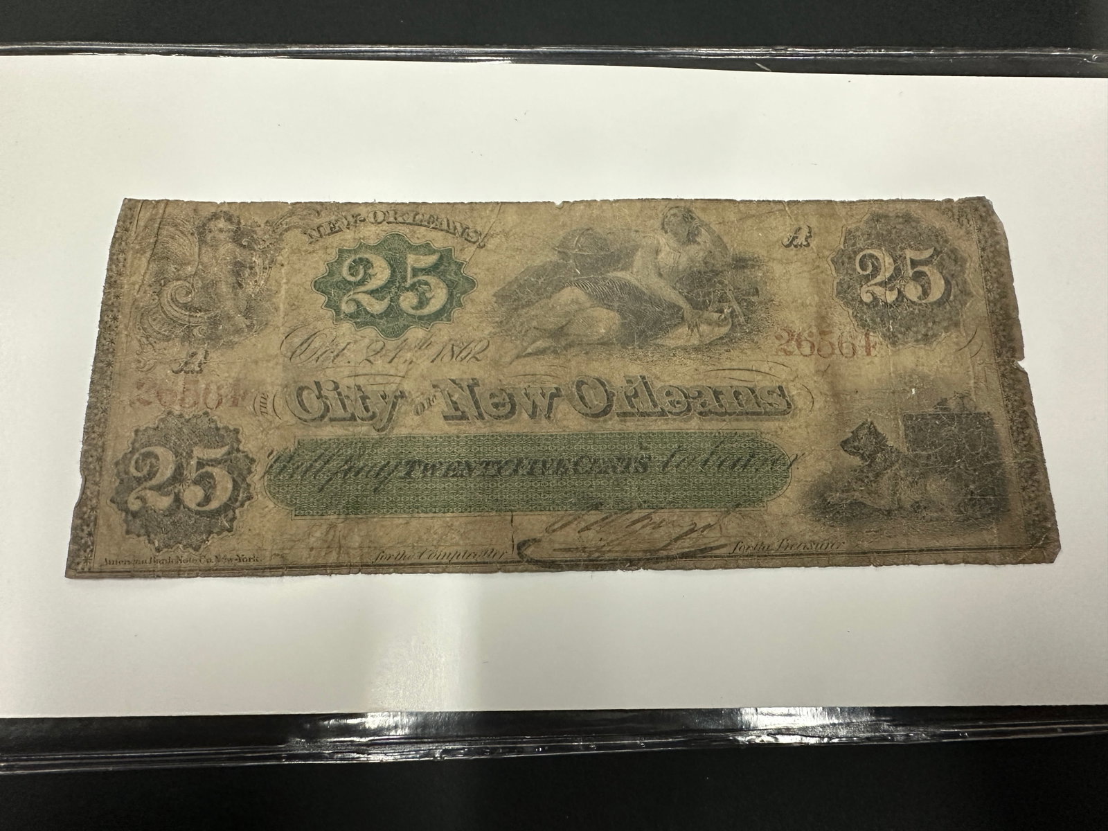 City of New Orleans 25 Cent Civil War Era Obsolete Currency Note 1862: City of New Orleans 25 Cent Civil War Era Obsolete Currency Note 1862