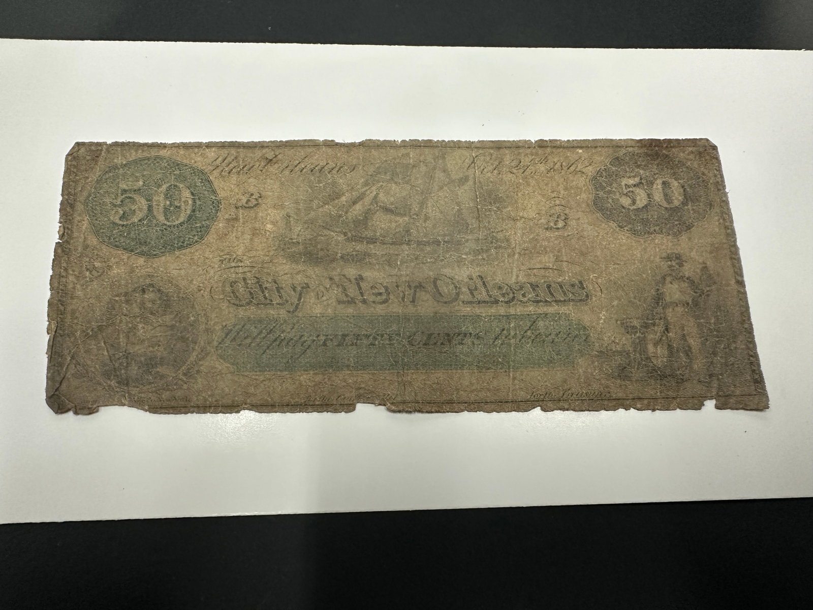 City of New Orleans 50 Cent Civil War Era Obsolete Currency Note 1862: City of New Orleans 50 Cent Civil War Era Obsolete Currency Note 1862