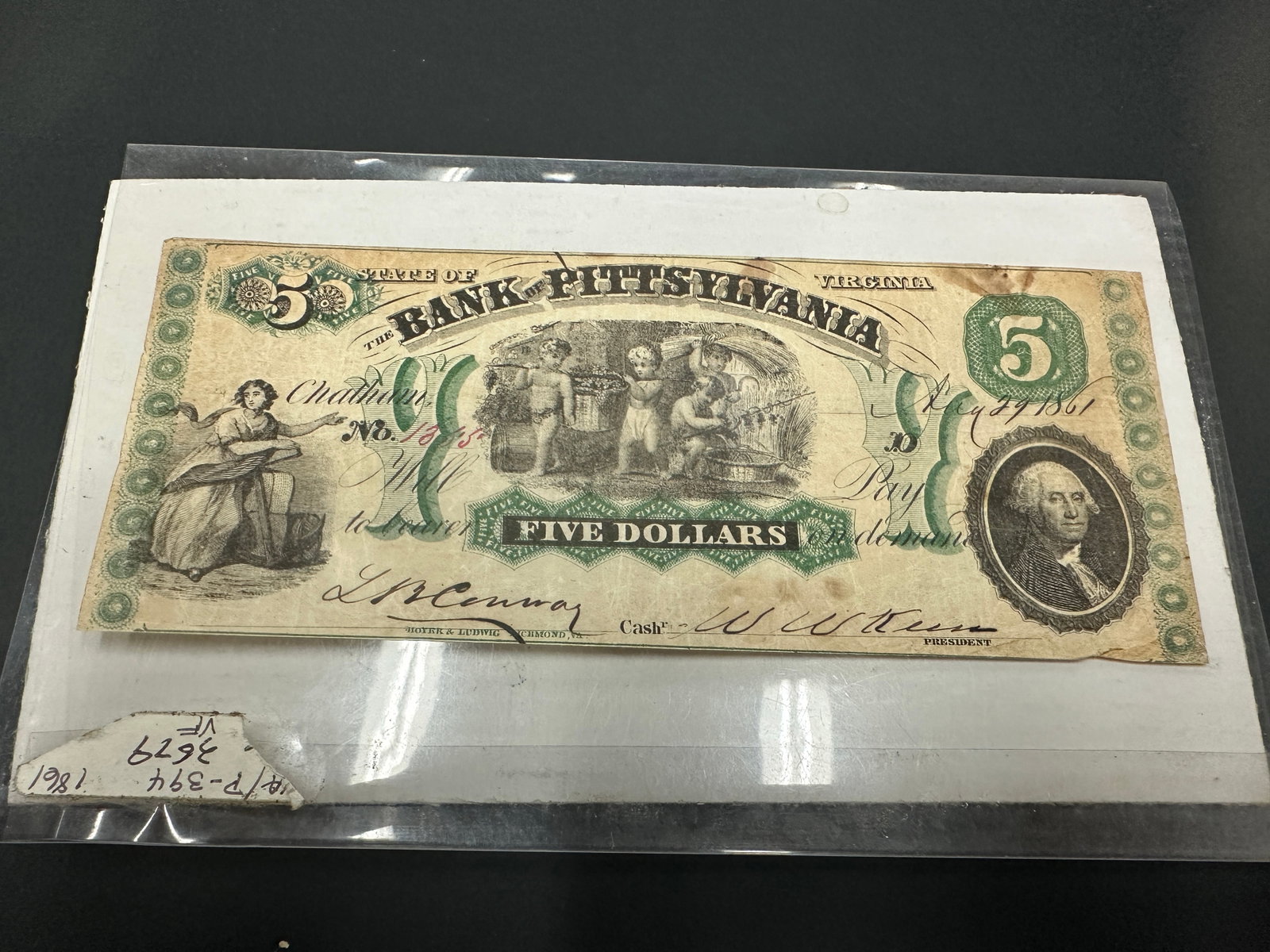 The Bank of Pittsylvania Virginia Five Dollar Obsolete Banknote 1861: The Bank of Pittsylvania Virginia Five Dollar Obsolete Banknote 1861