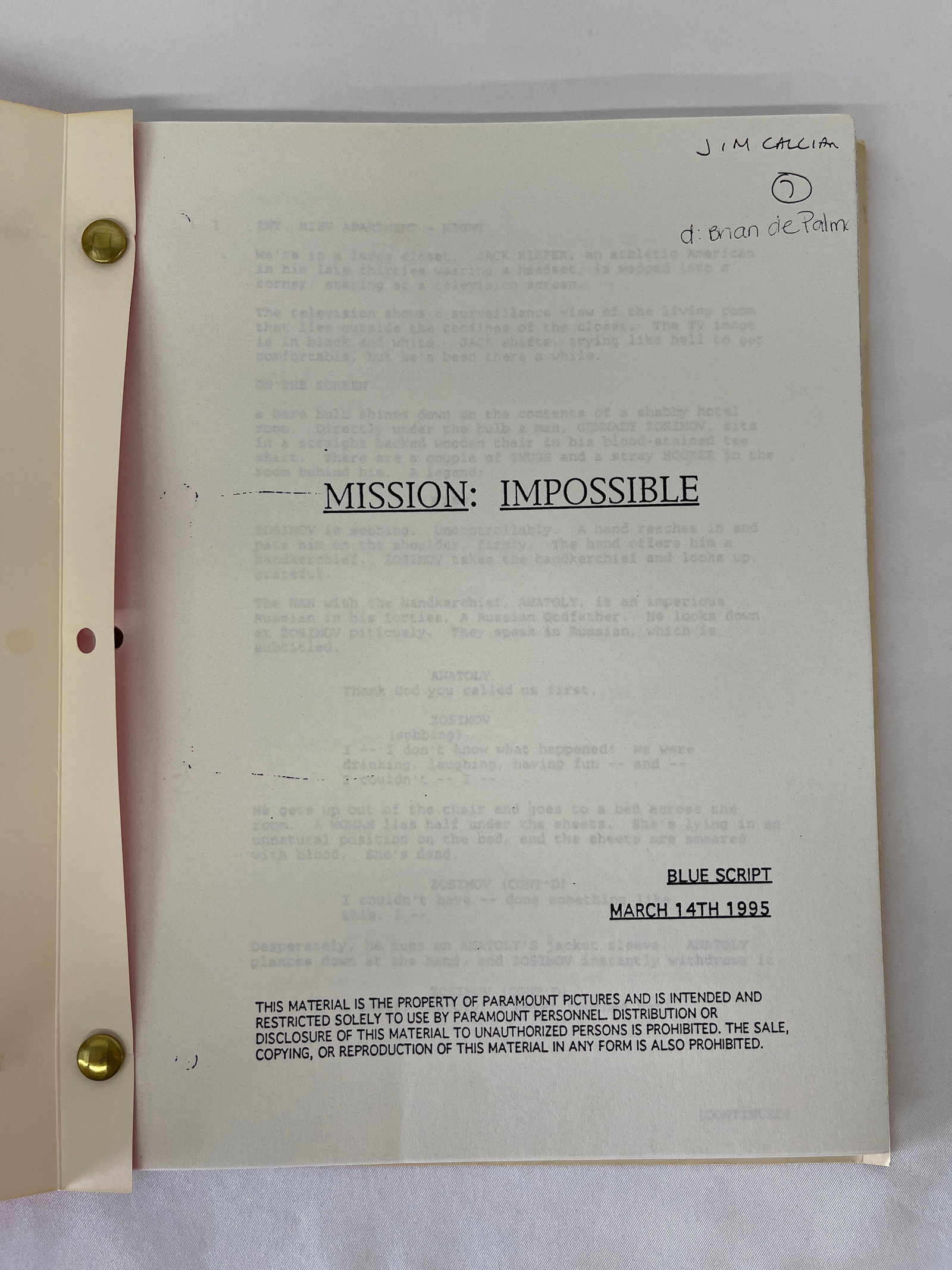 Mission: Impossible 1995 Blue Script Brian De Palma CAA Tom Cruise: Mission: Impossible 1995 Blue Script Brian De Palma CAA Tom Cruise