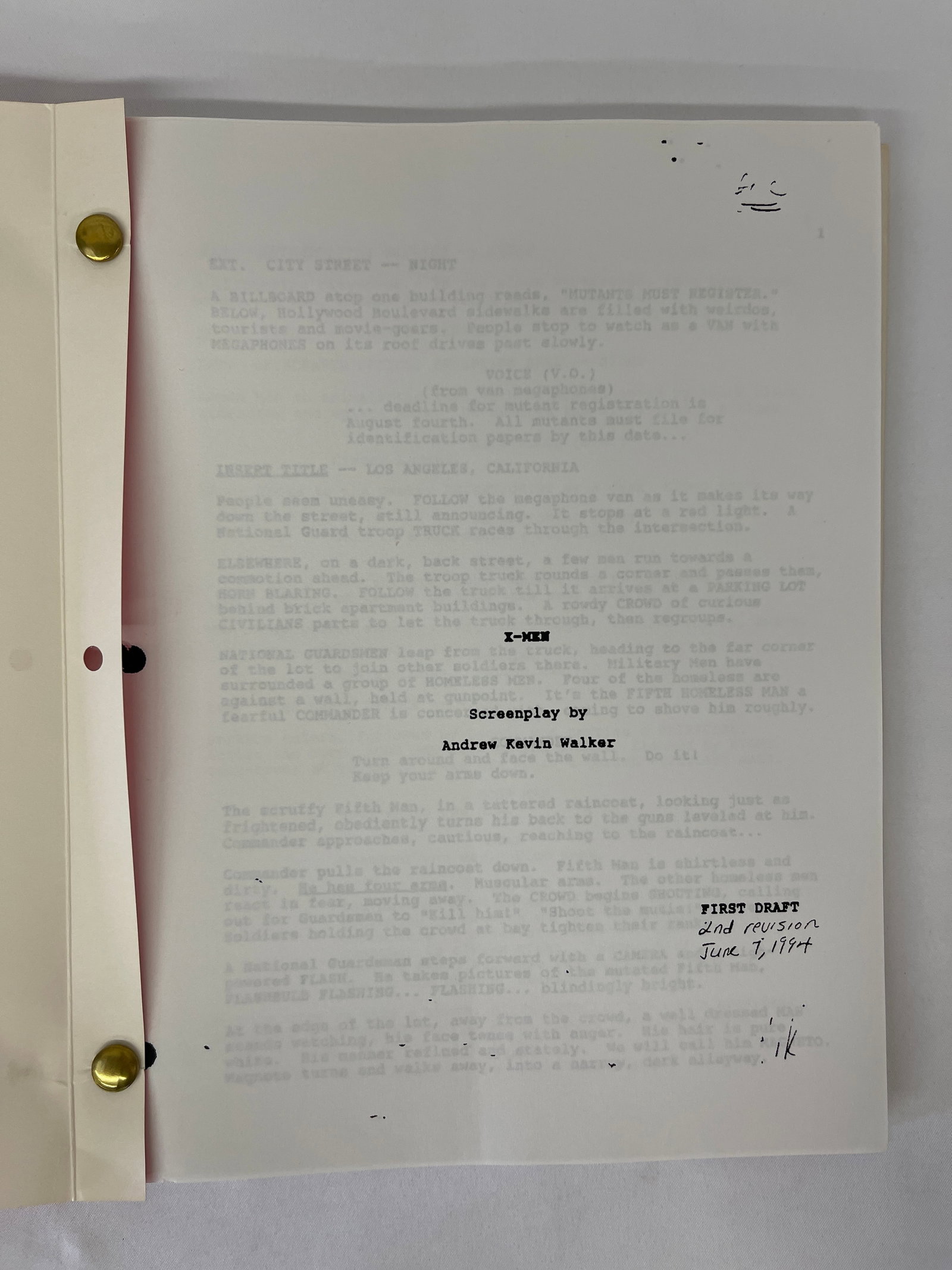 X-Men First Draft Screenplay by Andrew Kevin Walker, CAA Bound, June 1994: X-Men First Draft Screenplay by Andrew Kevin Walker, CAA Bound, June 1994