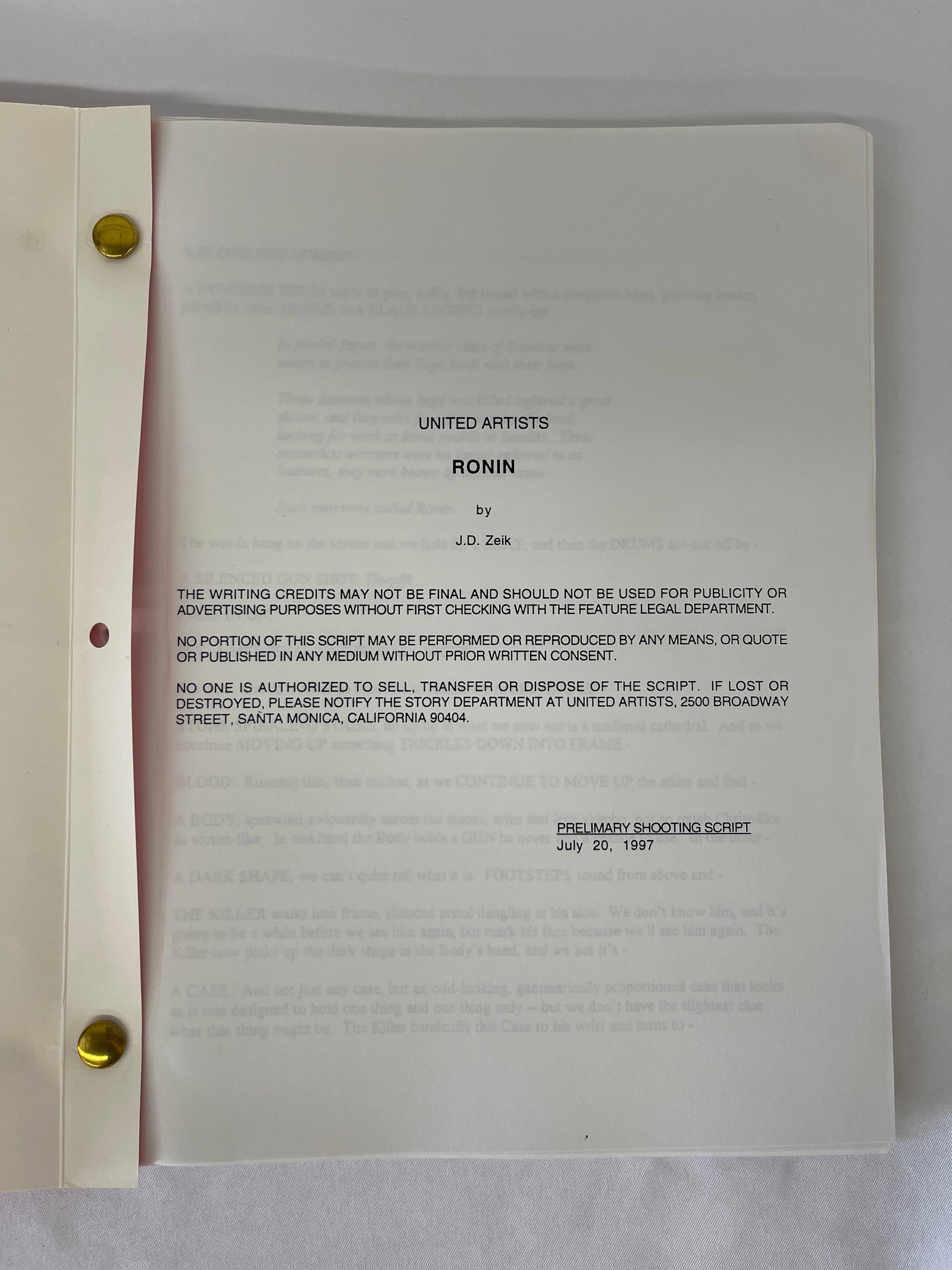 Ronin 1997 United Artists Preliminary Shooting Script by J.D. Zeik CAA: Ronin 1997 United Artists Preliminary Shooting Script by J.D. Zeik CAA