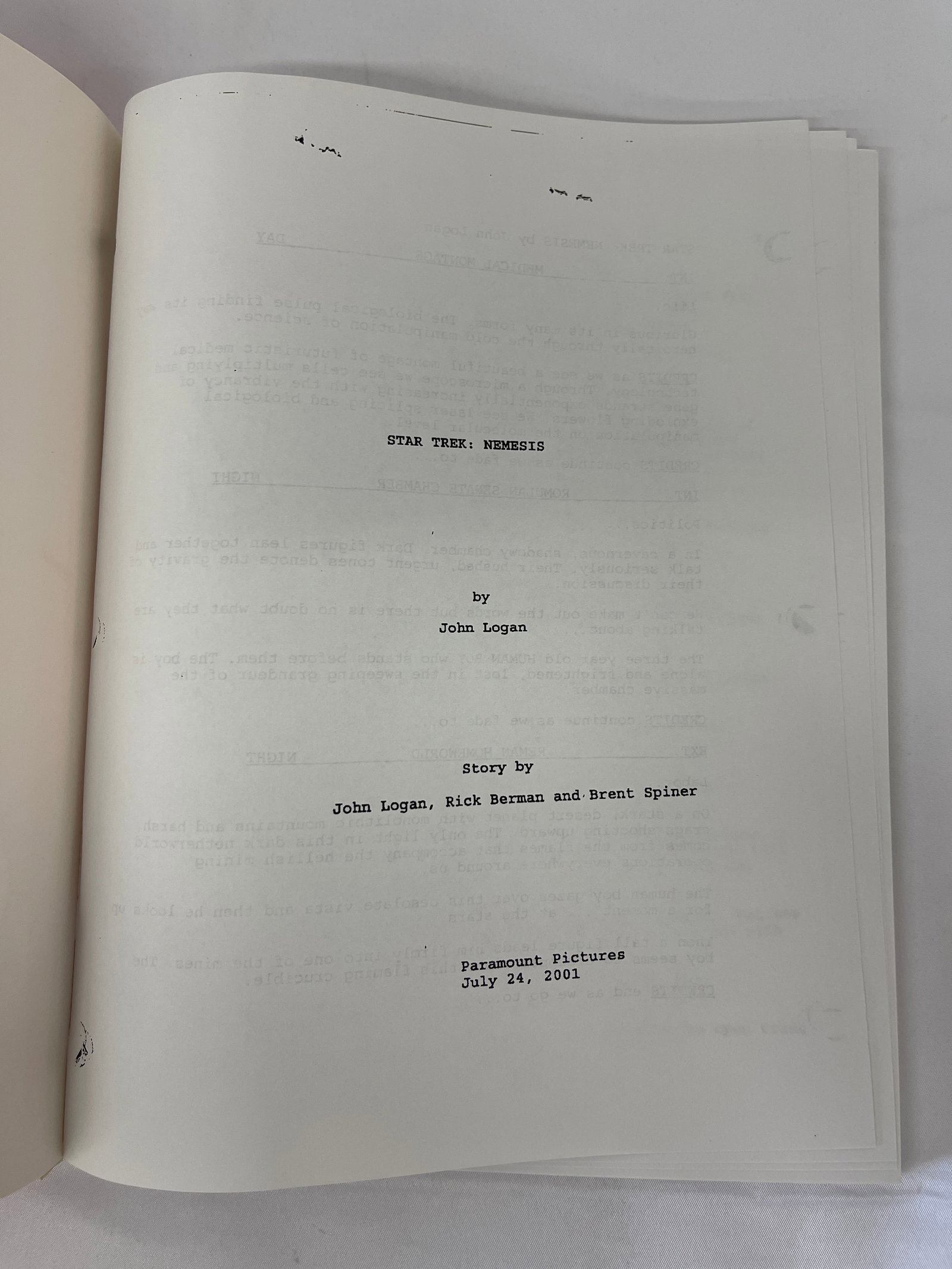 Star Trek Nemesis Original CAA Screenplay Script John Logan Paramount 2001 (1 of 4)