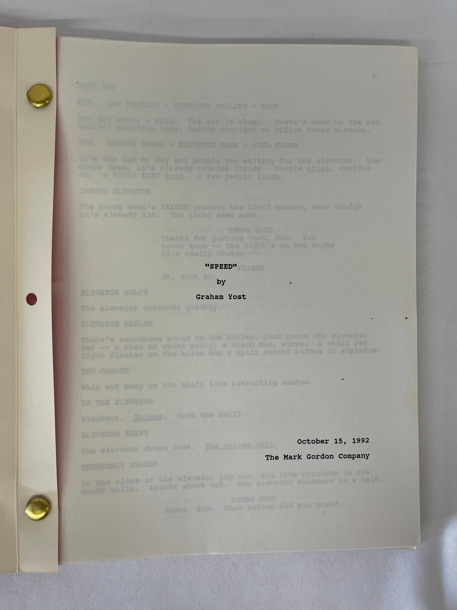 Speed (1994) Original Screenplay Script by Graham Yost, Dated Oct 15 1992, CAA: Speed (1994) Original Screenplay Script by Graham Yost, Dated Oct 15 1992, CAA