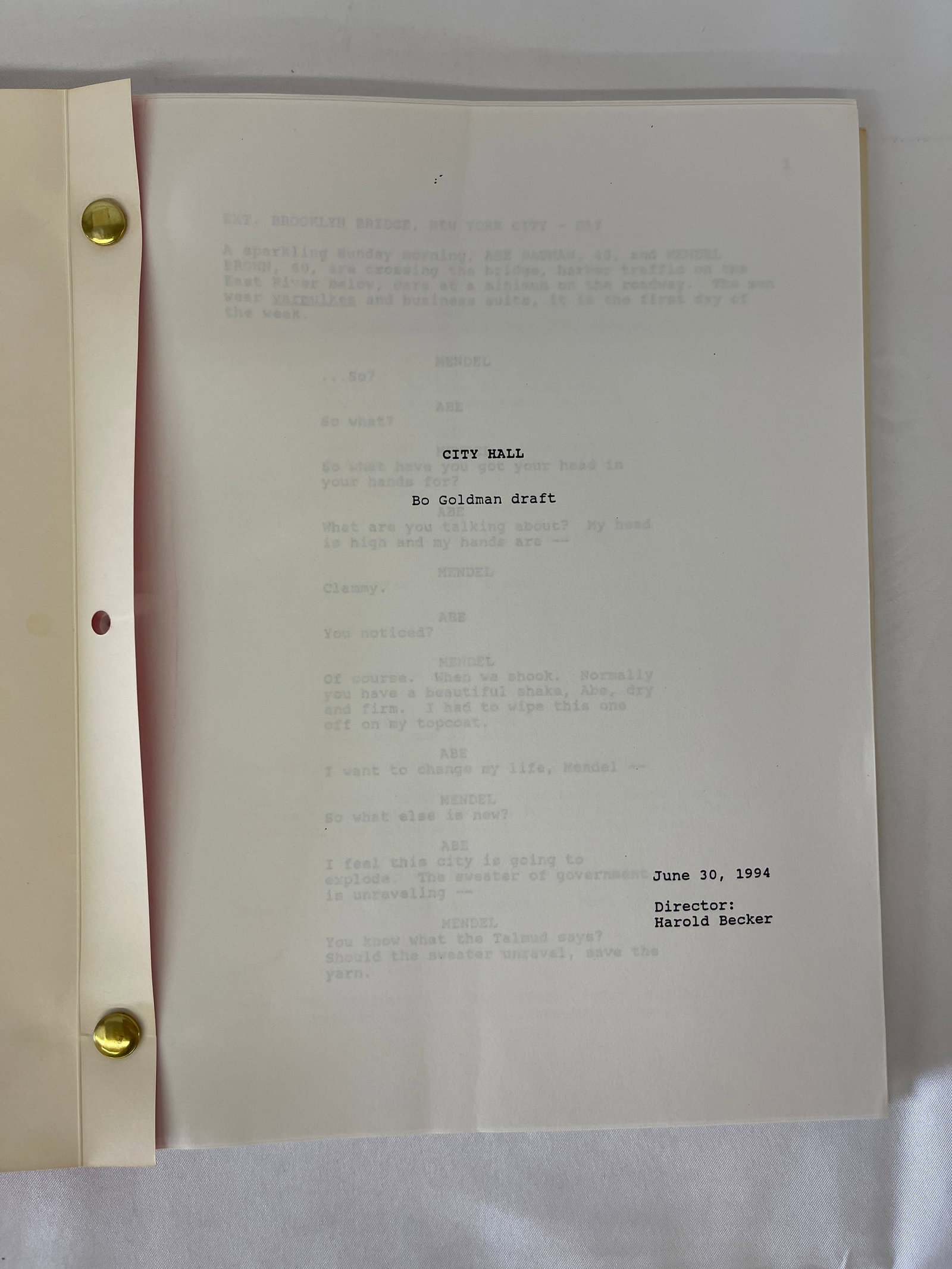 City Hall (1996) Bo Goldman Draft Screenplay, Dated June 30 1994, CAA Binder: City Hall (1996) Bo Goldman Draft Screenplay, Dated June 30 1994, CAA Binder