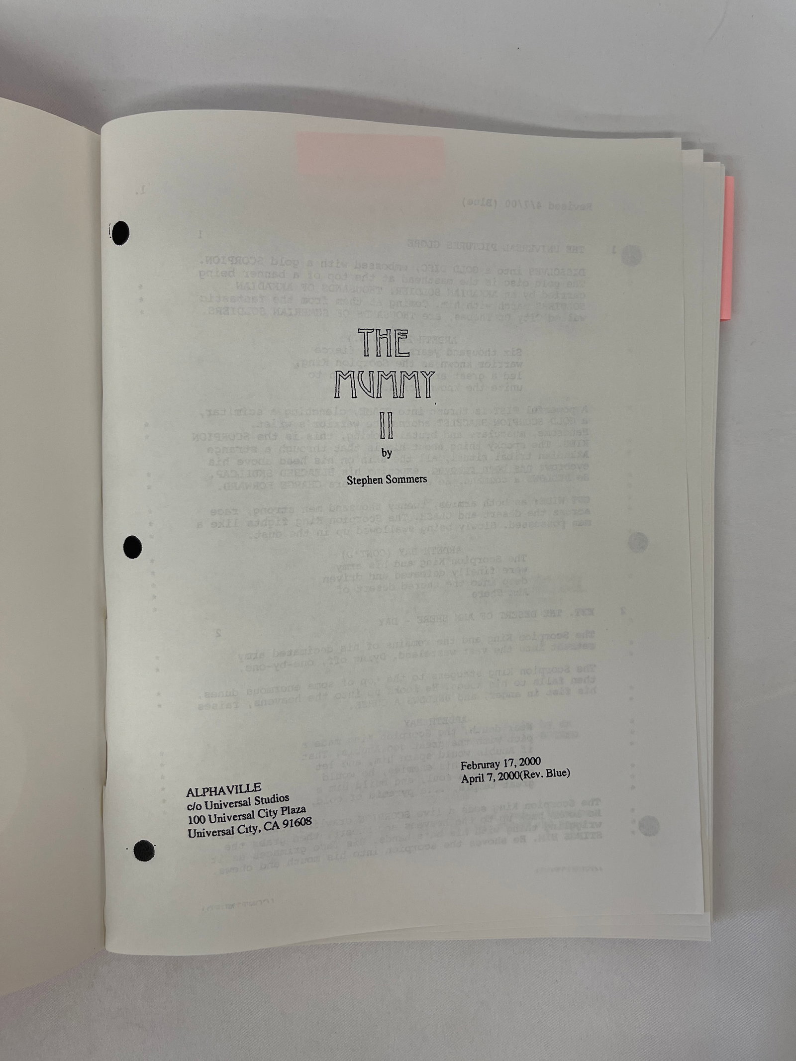 The Mummy II Original Screenplay Script by Stephen Sommers CAA 04/07/2000 (1 of 4)