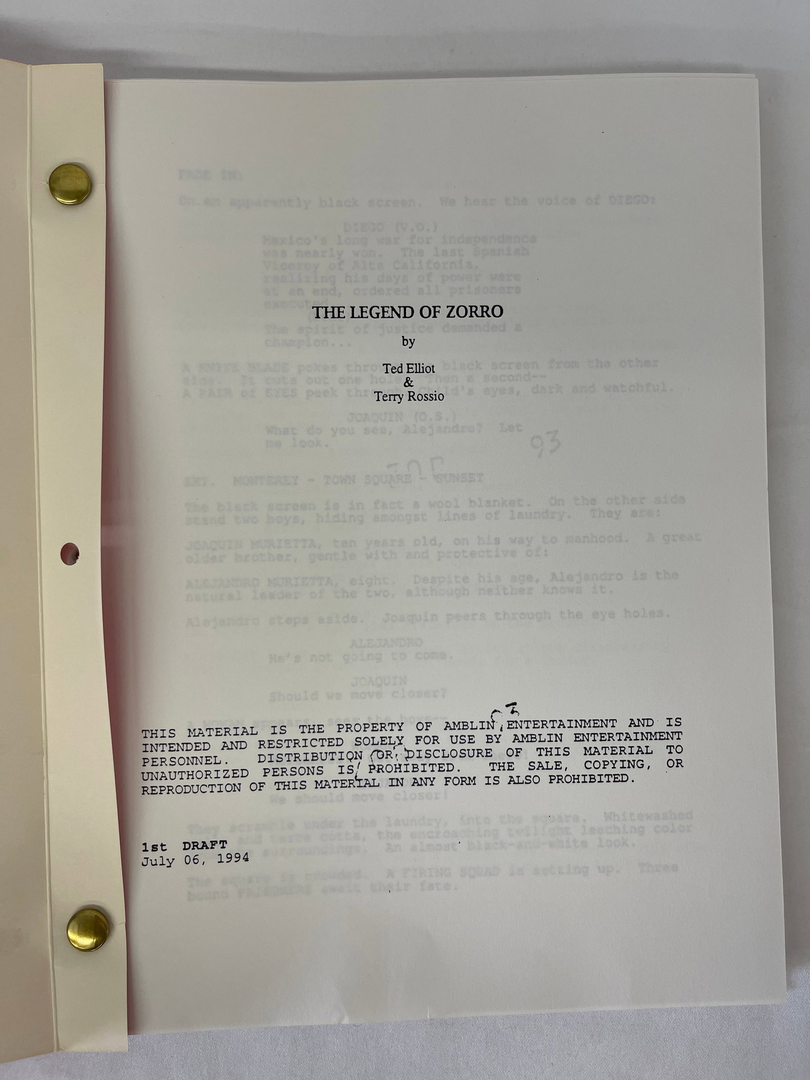 The Legend of Zorro Amblin Entertainment 1st Draft Screenplay Script 1994 CAA (1 of 4)