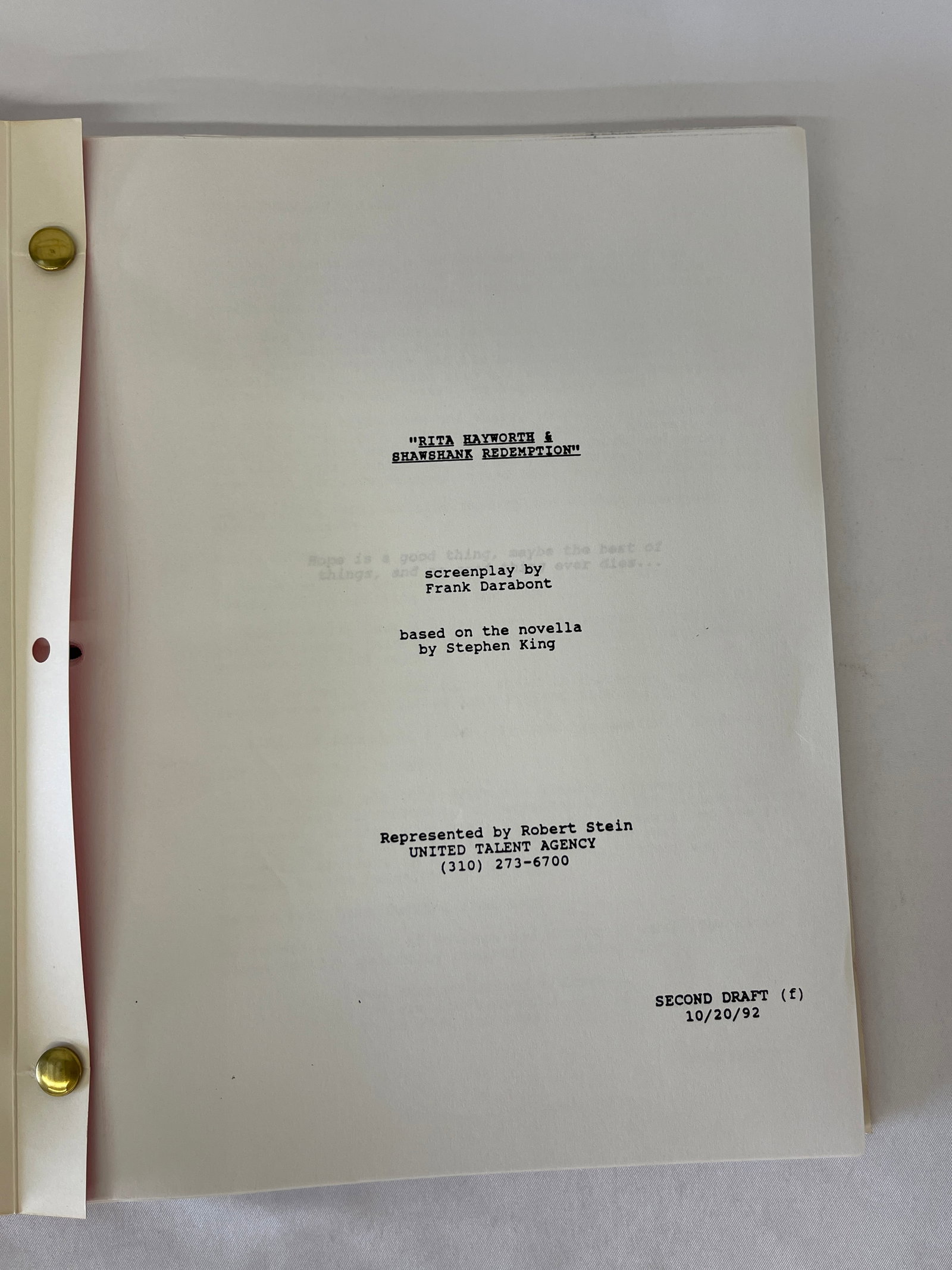 The Shawshank Redemption Original Second Draft Screenplay Frank Darabont 1992: The Shawshank Redemption Original Second Draft Screenplay Frank Darabont 1992