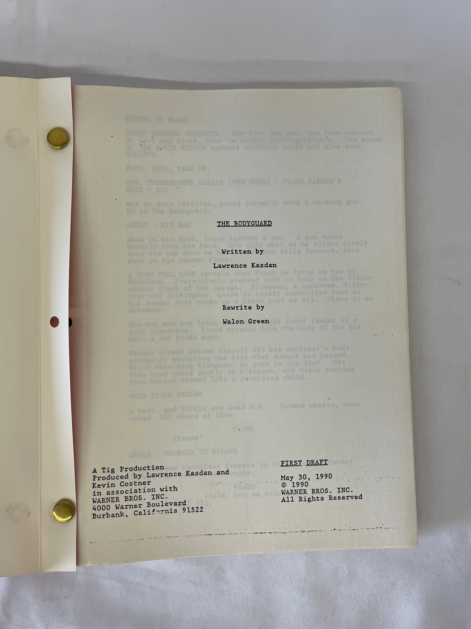 The Bodyguard 1990 First Draft Screenplay Script Lawrence Kasdan CAA Binding: The Bodyguard 1990 First Draft Screenplay Script Lawrence Kasdan CAA Binding