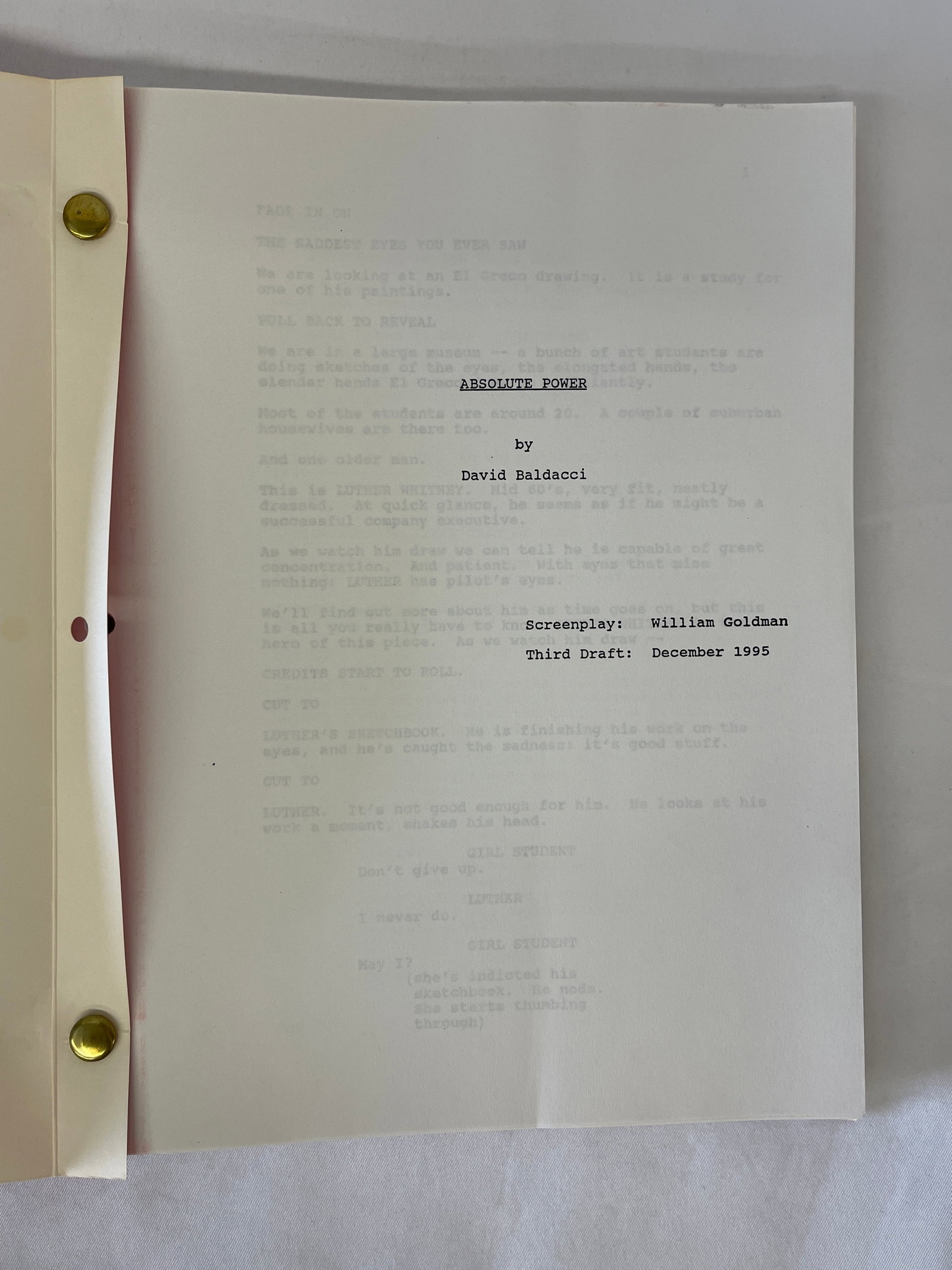 Absolute Power Original Screenplay Third Draft William Goldman CAA December 1995: Absolute Power Original Screenplay Third Draft William Goldman CAA December 1995