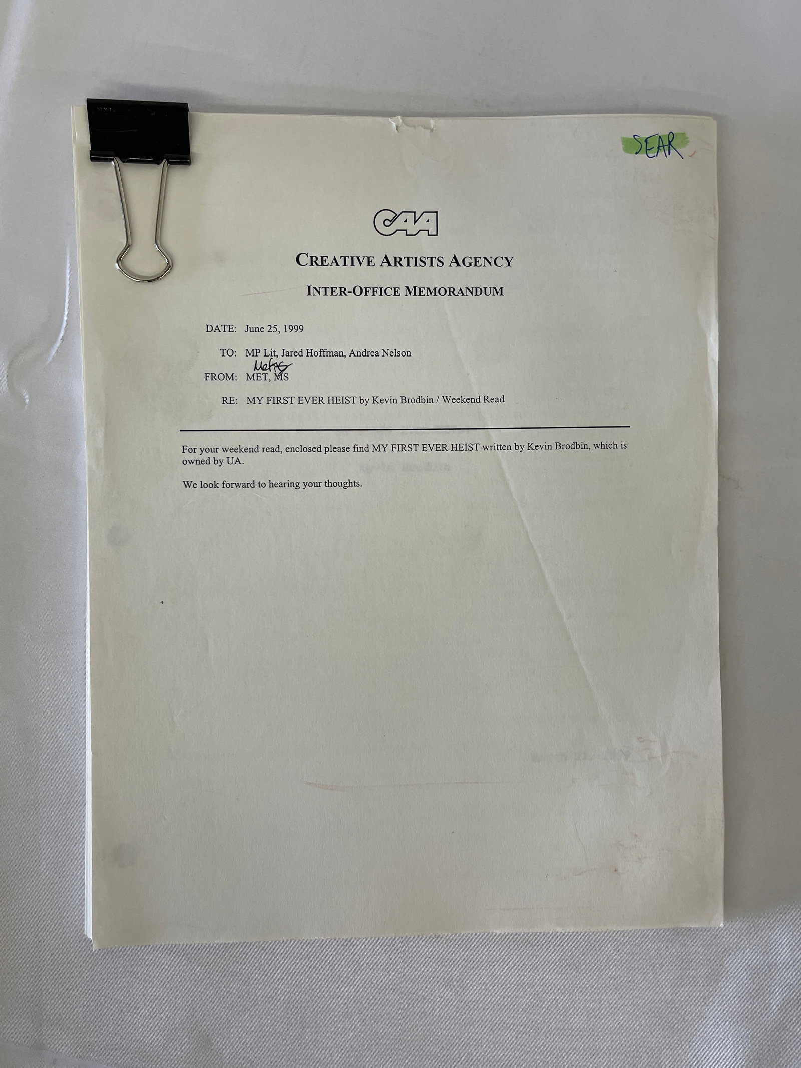 My First Ever Heist Original CAA Screenplay Script by Kevin Brodbin 1999: My First Ever Heist Original CAA Screenplay Script by Kevin Brodbin 1999