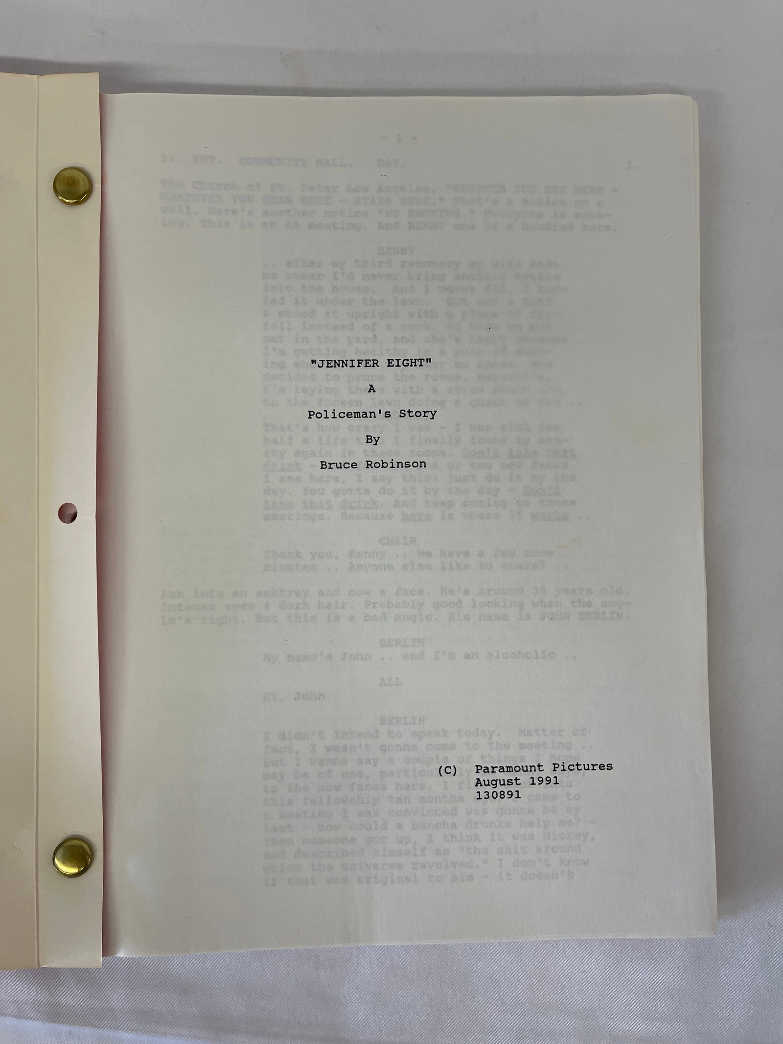 Jennifer Eight Original Screenplay Script 1991 Bruce Robinson Paramount CAA: Jennifer Eight Original Screenplay Script 1991 Bruce Robinson Paramount CAA