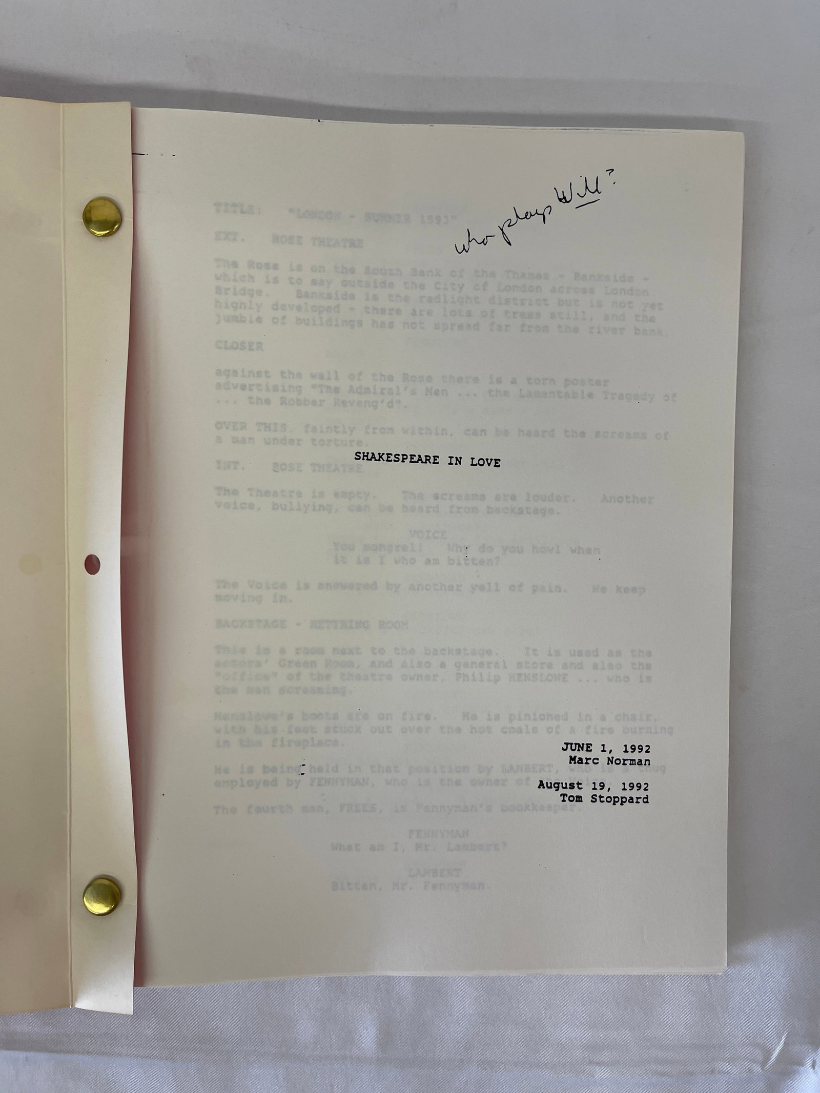Shakespeare in Love Original 1992 CAA Script Marc Norman & Tom Stoppard: Shakespeare in Love Original 1992 CAA Script Marc Norman & Tom Stoppard