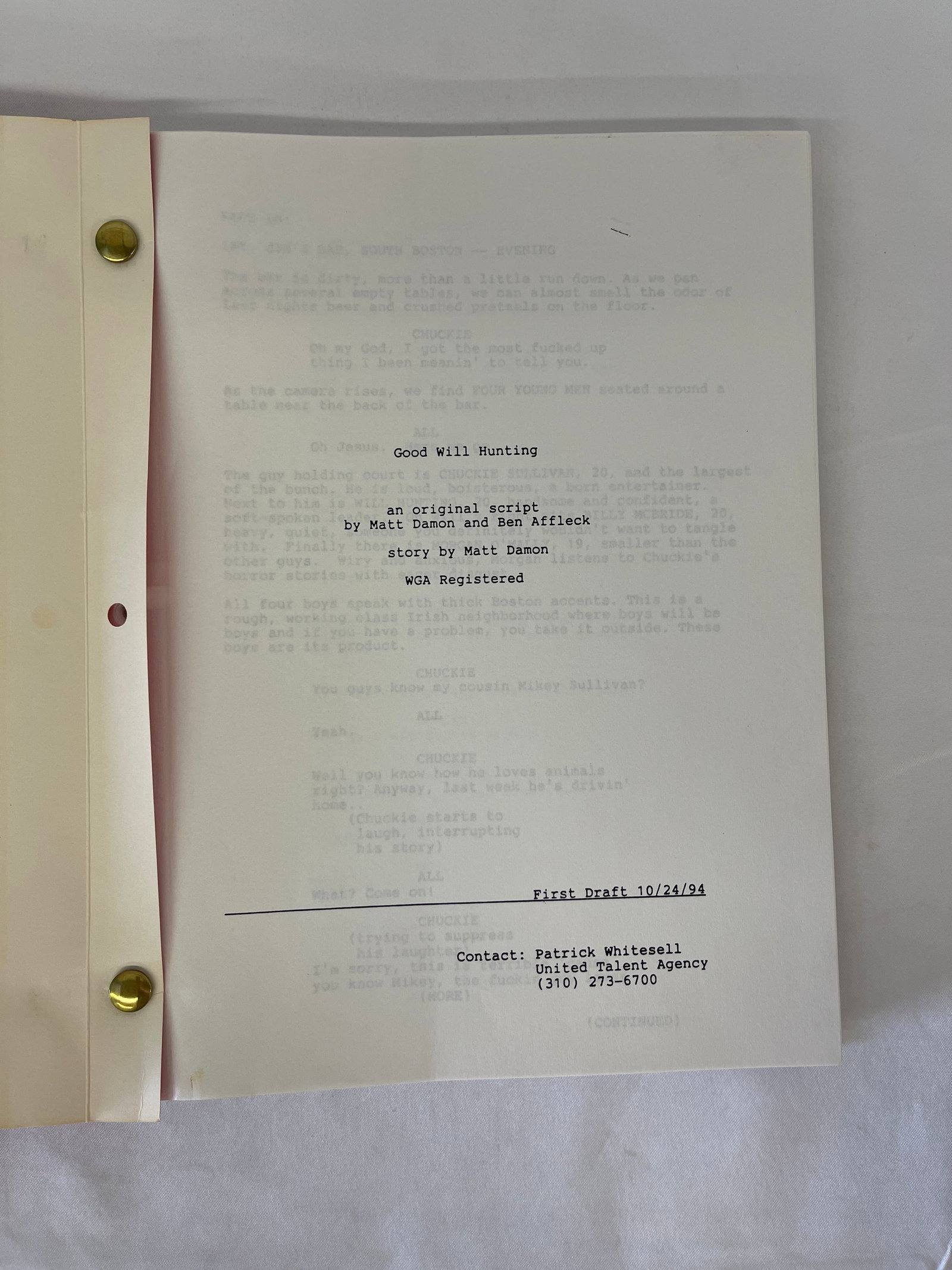 Good Will Hunting Original First Draft Screenplay Script CAA 10/24/94 Damon Affleck: Good Will Hunting Original First Draft Screenplay Script CAA 10/24/94 Damon Affleck