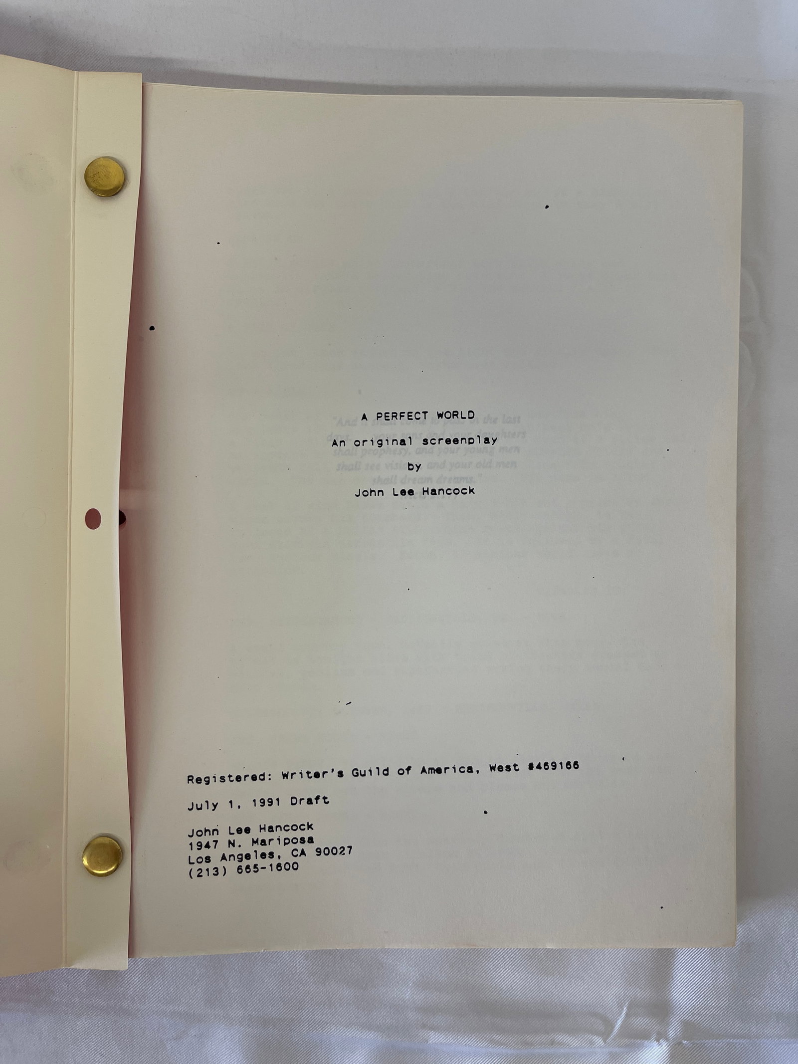 A Perfect World Movie Script Clint Eastwood Kevin Costner CAA: A Perfect World Movie Script Clint Eastwood Kevin Costner creative arts agency