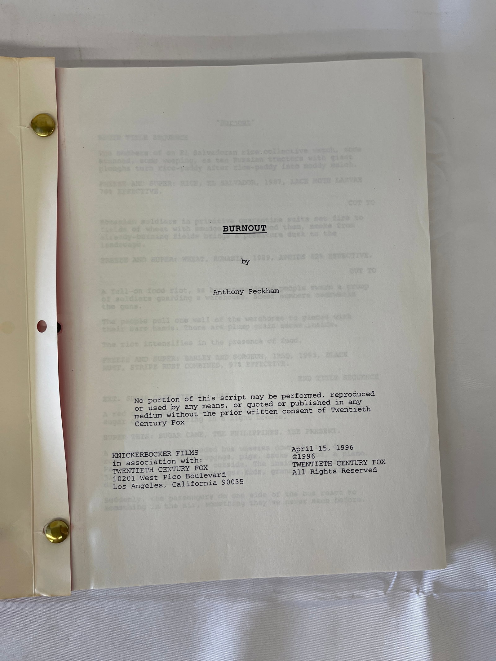 Burnout 1996 Movie Script by Anthony Peckham Twentieth Century Fox CAA: Burnout 1996 Movie Script by Anthony Peckham Twentieth Century Fox CAA