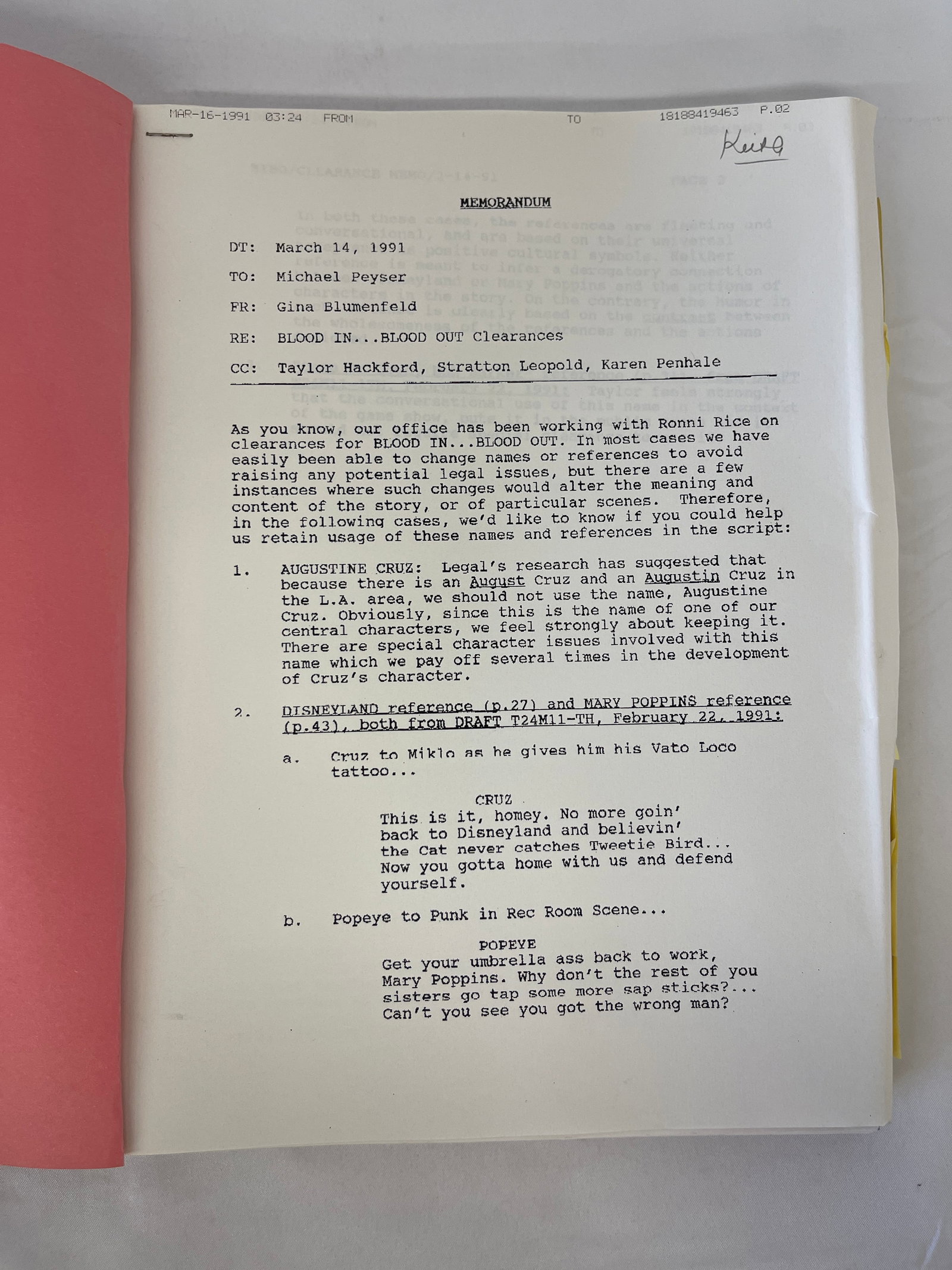 Blood In Blood Out 1991 Original Production Film Script with Legal Memo (1 of 8)