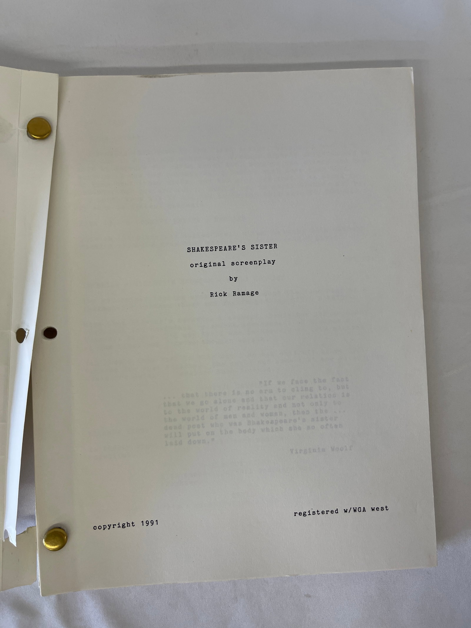 Shakespeare's Sister Original Screenplay by Rick Ramage, Copyright 1991, WGA Registered: Shakespeare's Sister Original Screenplay by Rick Ramage, Copyright 1991, WGA Registered