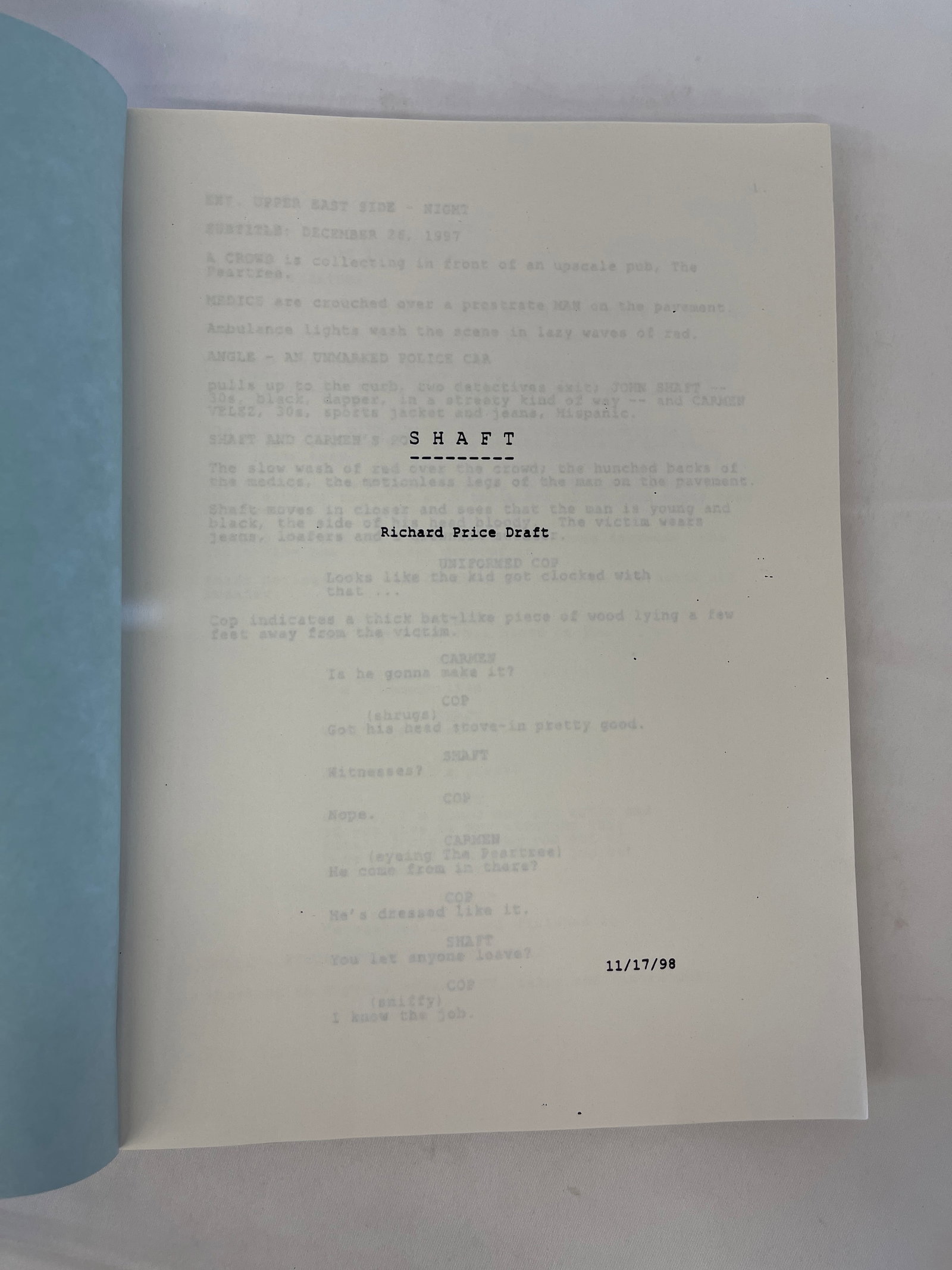 Shaft (2000) Original Richard Price Draft Screenplay Script Dated 11/17/98: Shaft (2000) Original Richard Price Draft Screenplay Script Dated 11/17/98