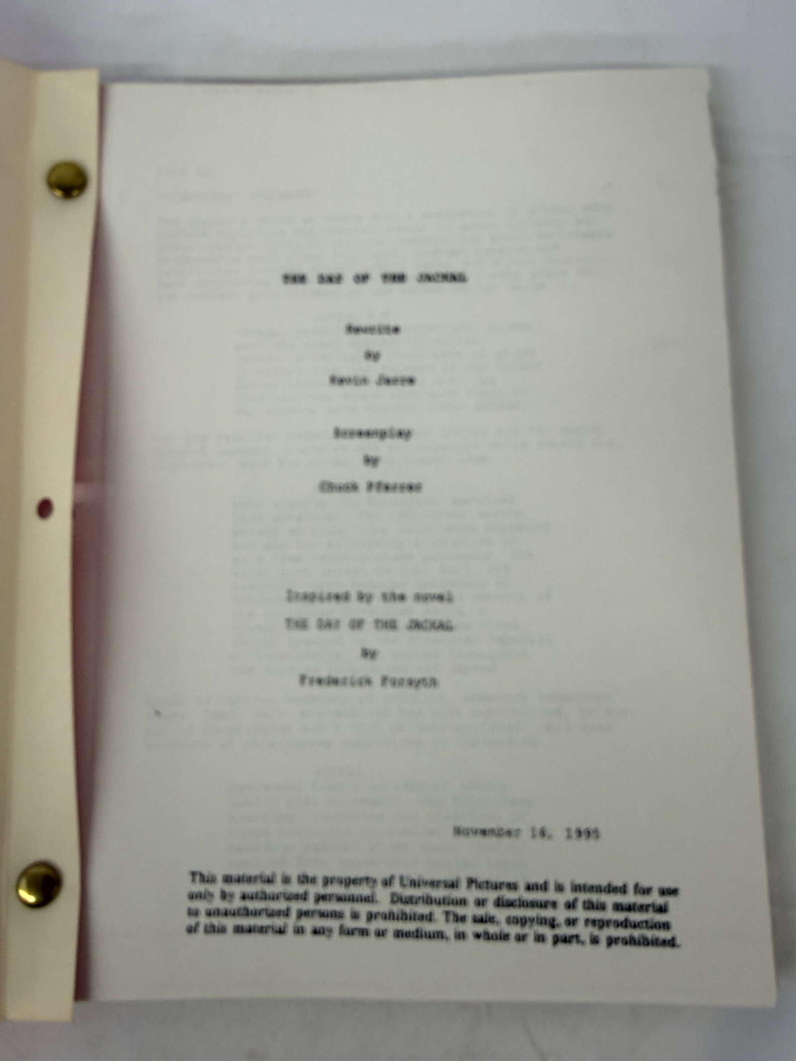 The Jackal 1997 Universal Pictures Movie Script CAA Bruce Willis (1 of 3)