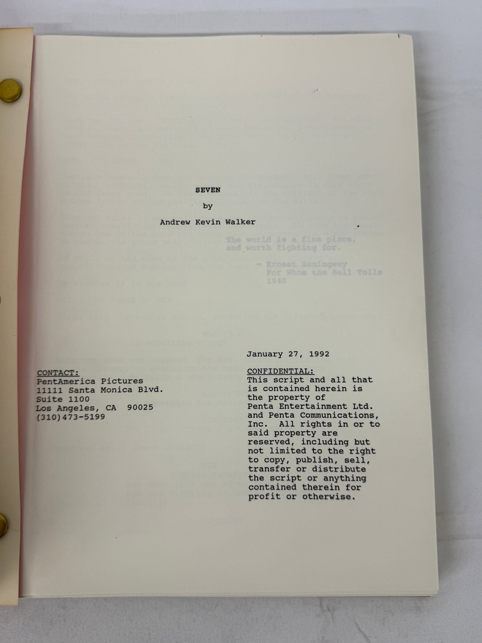 Seven (SE7EN) Original 1992 Screenplay Script by Andrew Kevin Walker: Seven (SE7EN) Original 1992 Screenplay Script by Andrew Kevin Walker