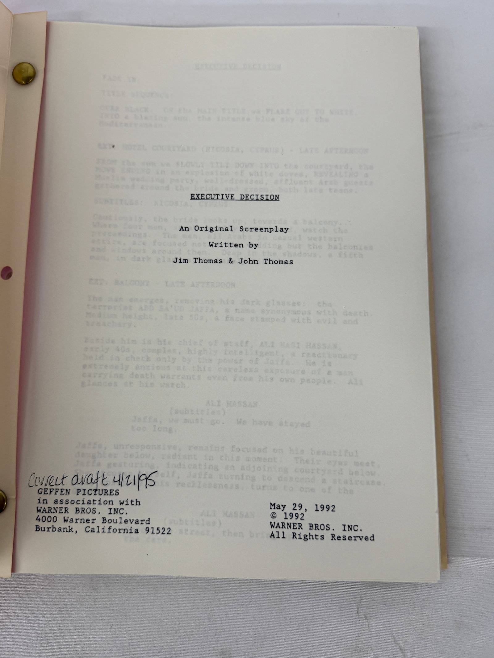 Executive Decision 1992 Original Warner Bros. Screenplay Script CAA Cover: Executive Decision 1992 Original Warner Bros. Screenplay Script CAA Cover