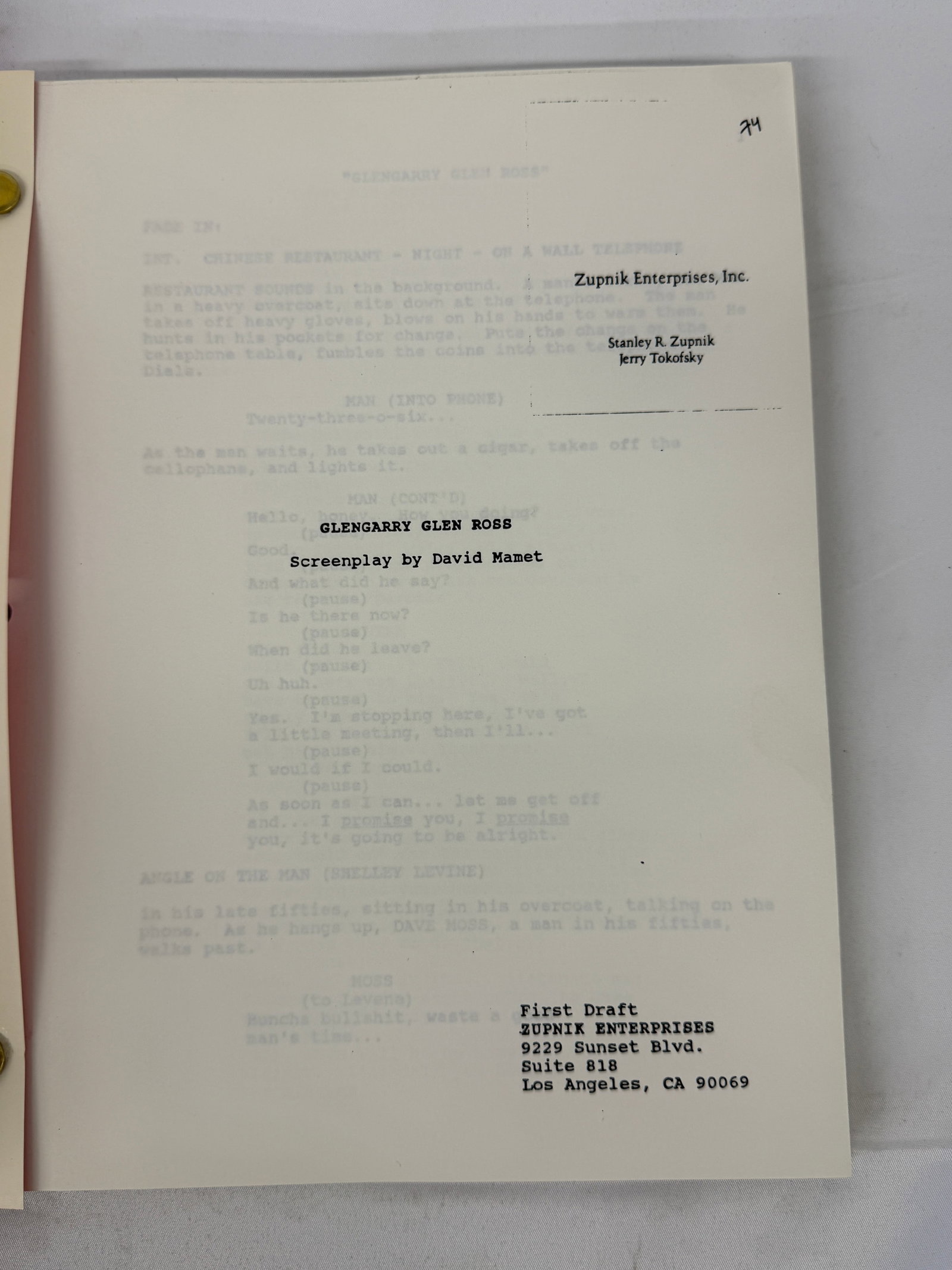 Glengarry Glen Ross David Mamet First Draft Screenplay Script CAA Cover: Glengarry Glen Ross David Mamet First Draft Screenplay Script CAA Cover