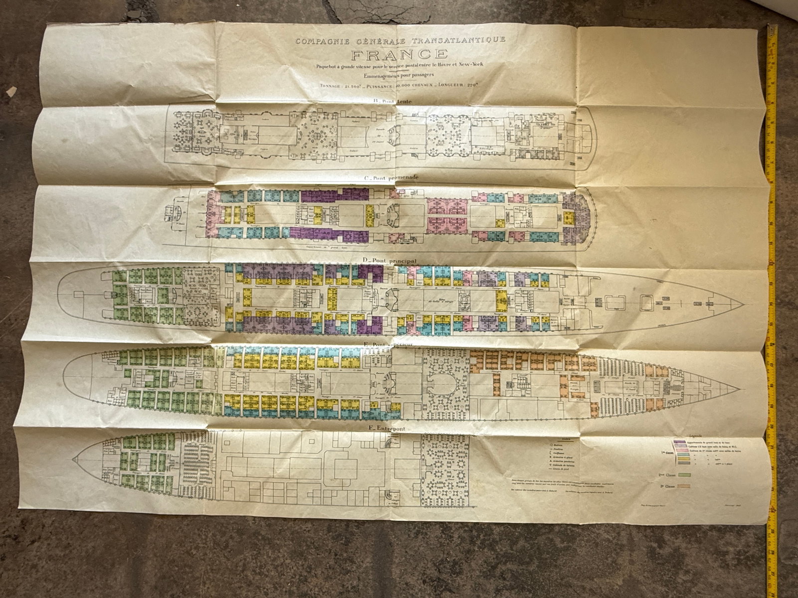 CGT SS France 1912 Ocean Liner Deck Plan Blueprint Compagnie Generale Transatlantique (1 of 3)