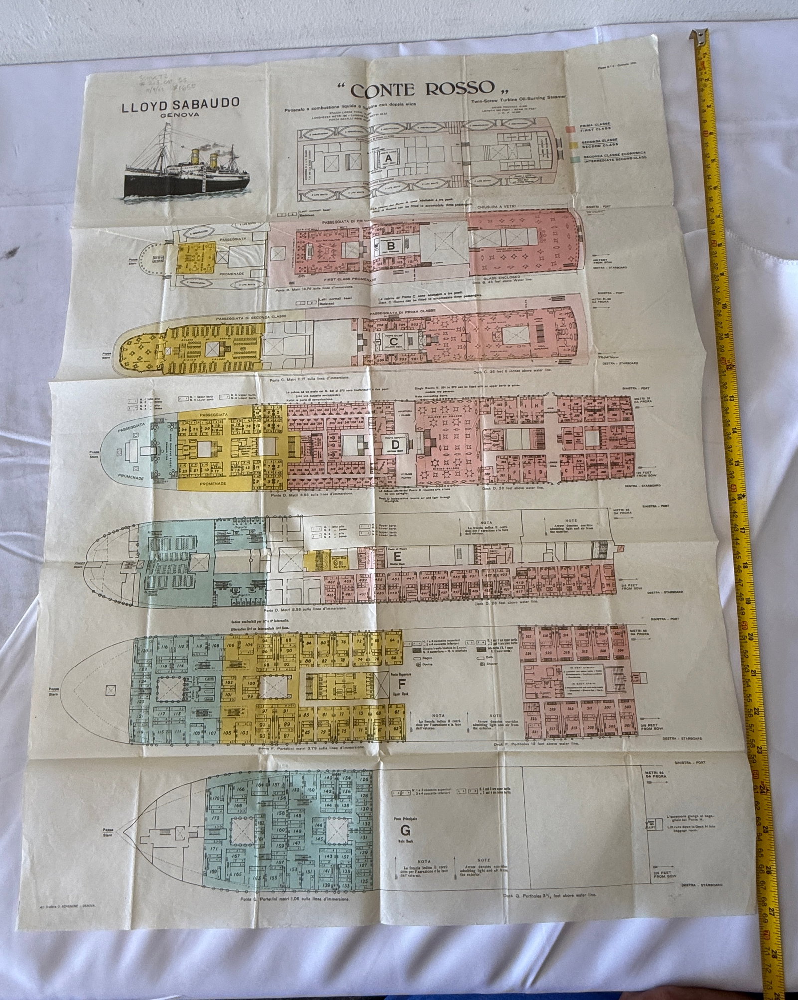 Lloyd Sabaudo SS Conte Rosso Ocean Liner Deck Plan Chart, Genova c.1920s (1 of 3)