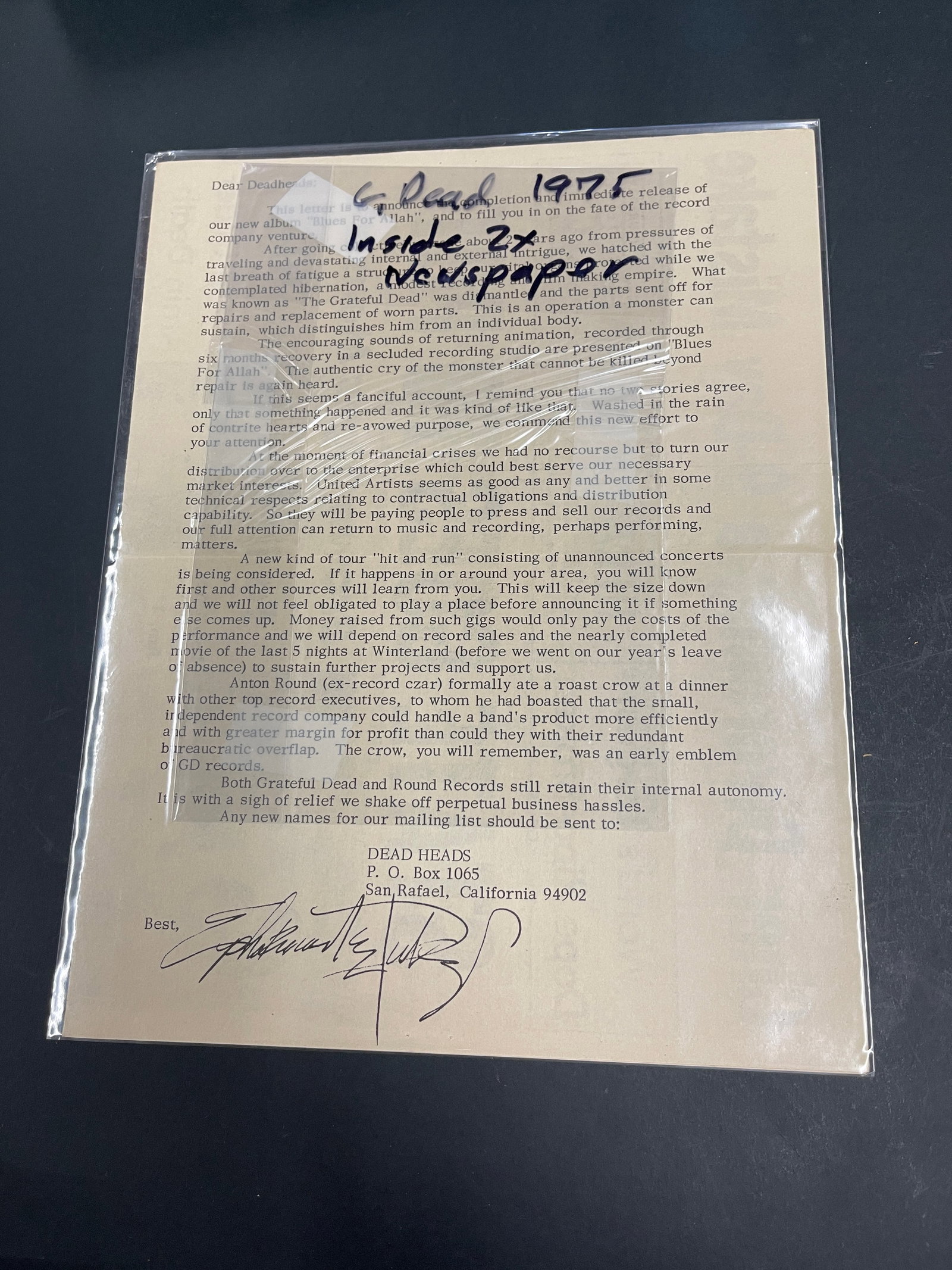 Grateful Dead 1975 Dead Heads Fan Club Newsletter Letter Signed Round Records (1 of 2)