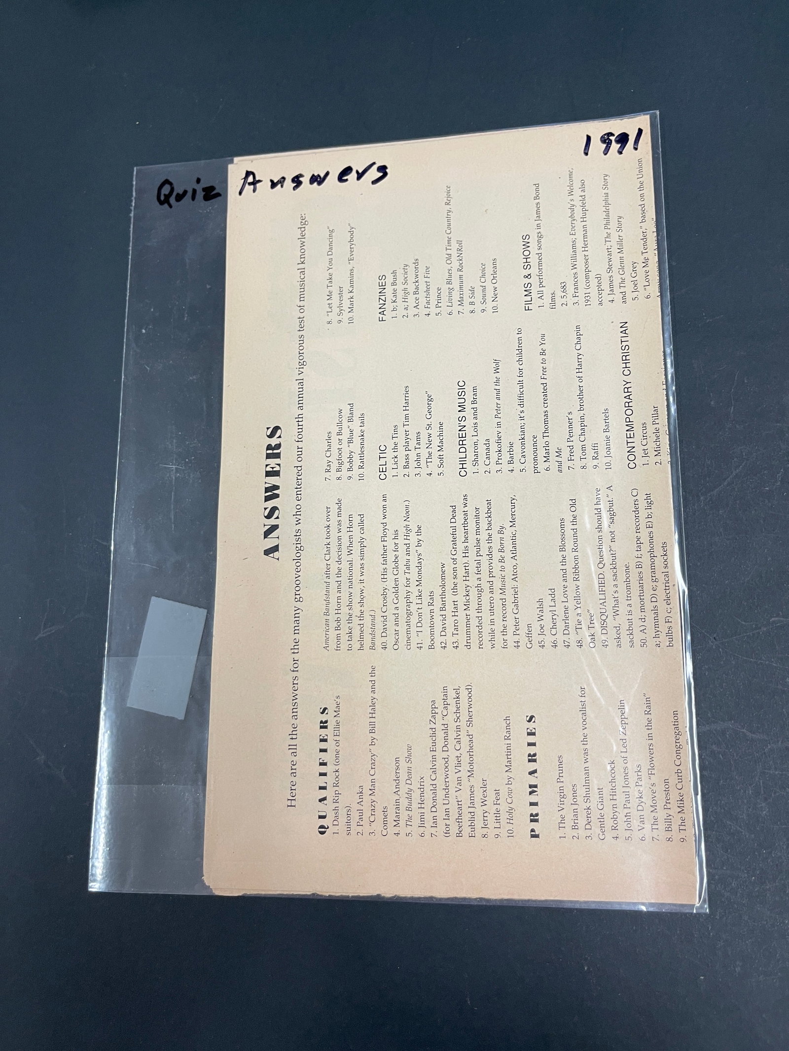 PULSE Magazine 1991 Annual Music Quiz Answer Sheet Insert Vintage (1 of 2)