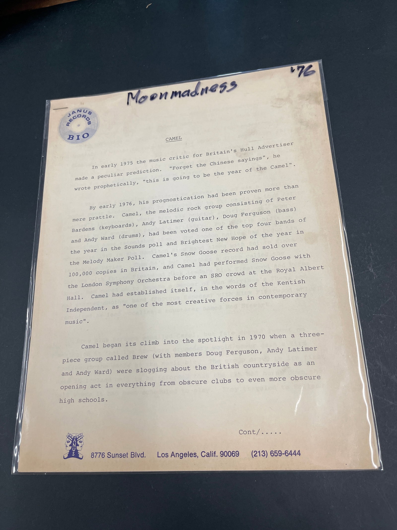Camel 'Moon Madness' 1976 Janus Records Original Press Bio Sheet (1 of 2)
